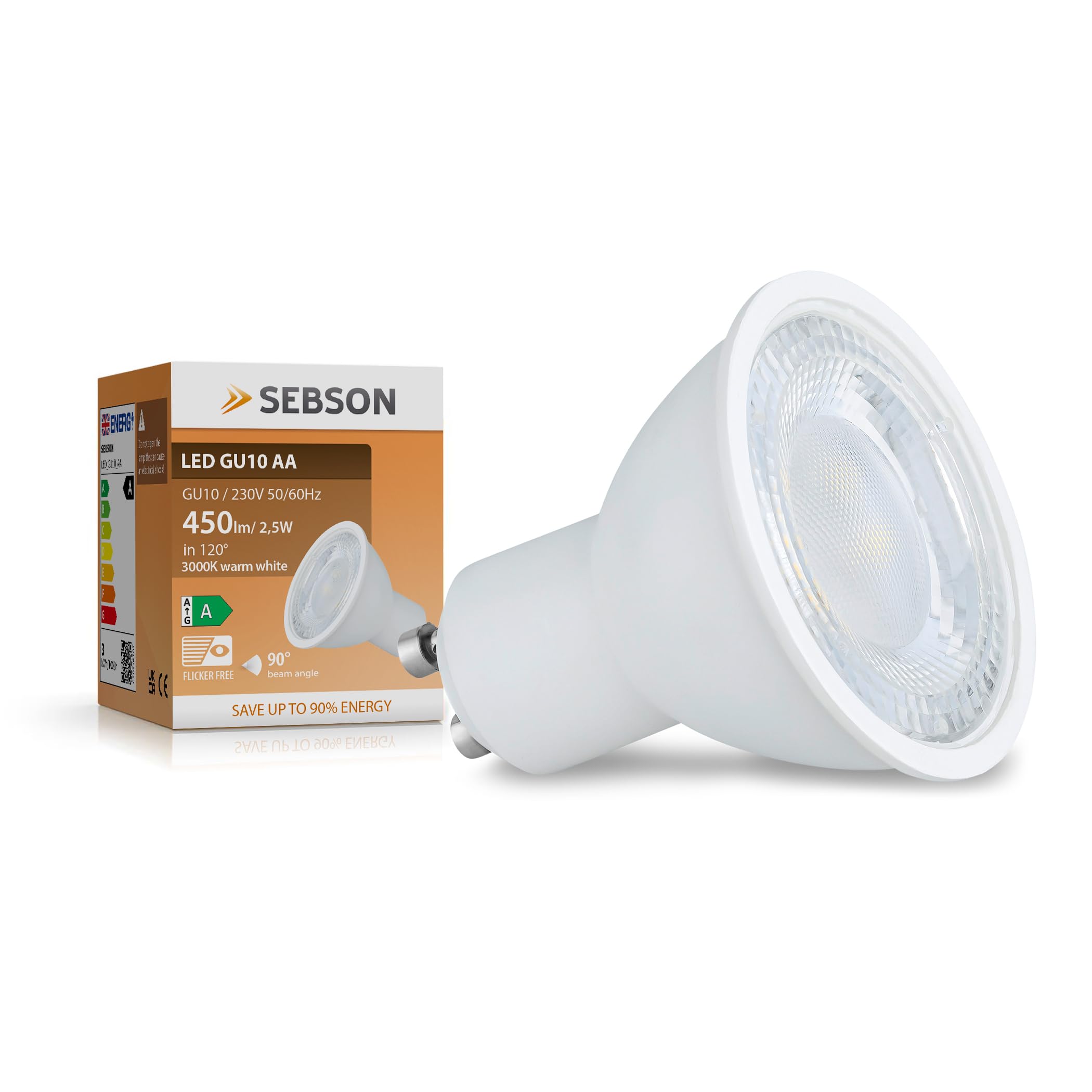 SEBSON Ampoule GU10 LED 3000K Blanc Chaud 2,5W 450lm Classe A | Classe d'Efficacité Énergétique A, Remplace 50W Halogène, Ampoule GU10 90°, Spot Encastré 230V ø50x53mm, Lot de 10