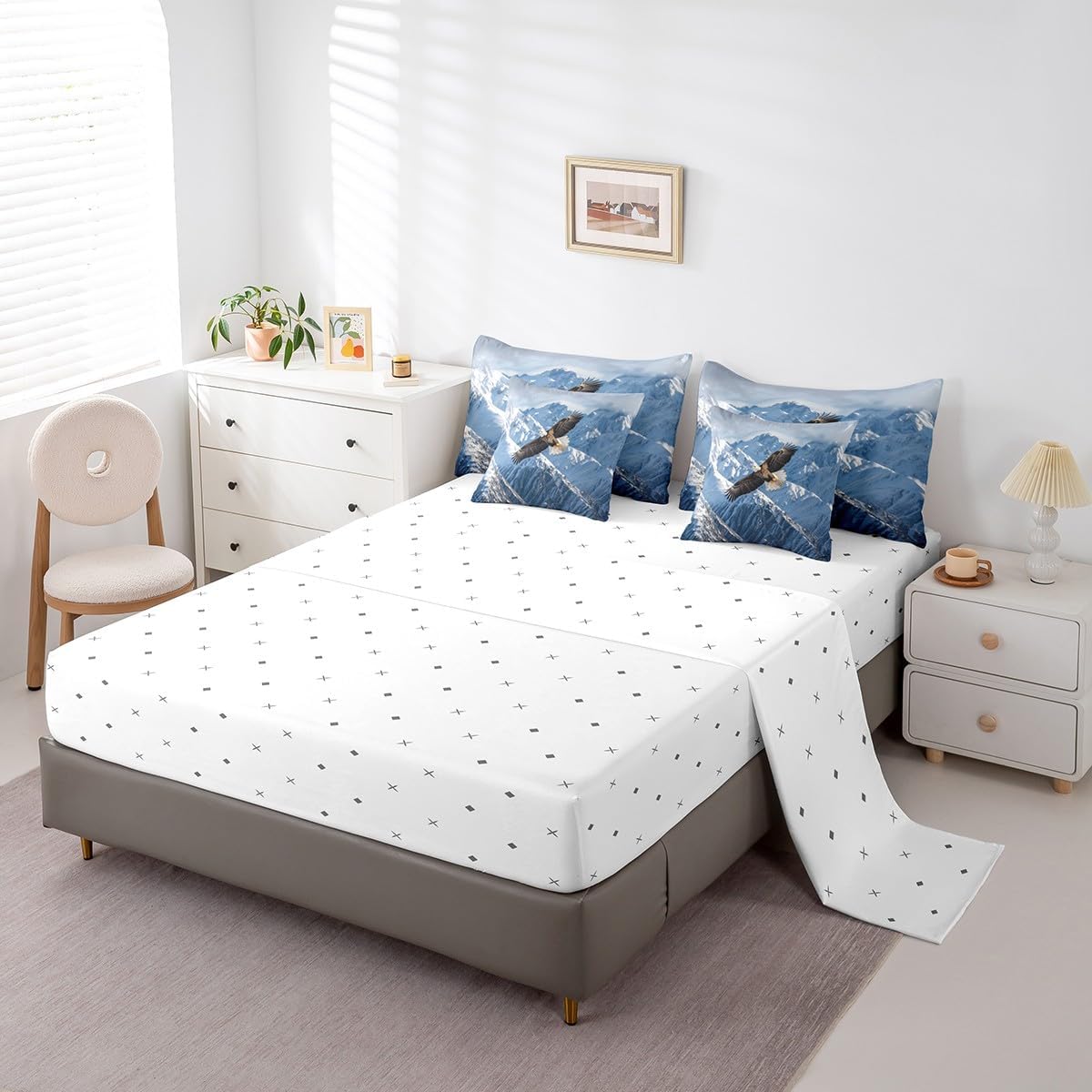 Feelyou Eagle Comforter Set with Sheets Queen Size Snow Mountain Bed in a Bag for Boys Girls Teens Flying Eagle 7 Pieces Bedding Set Sky Blue Bed Set Room Decor