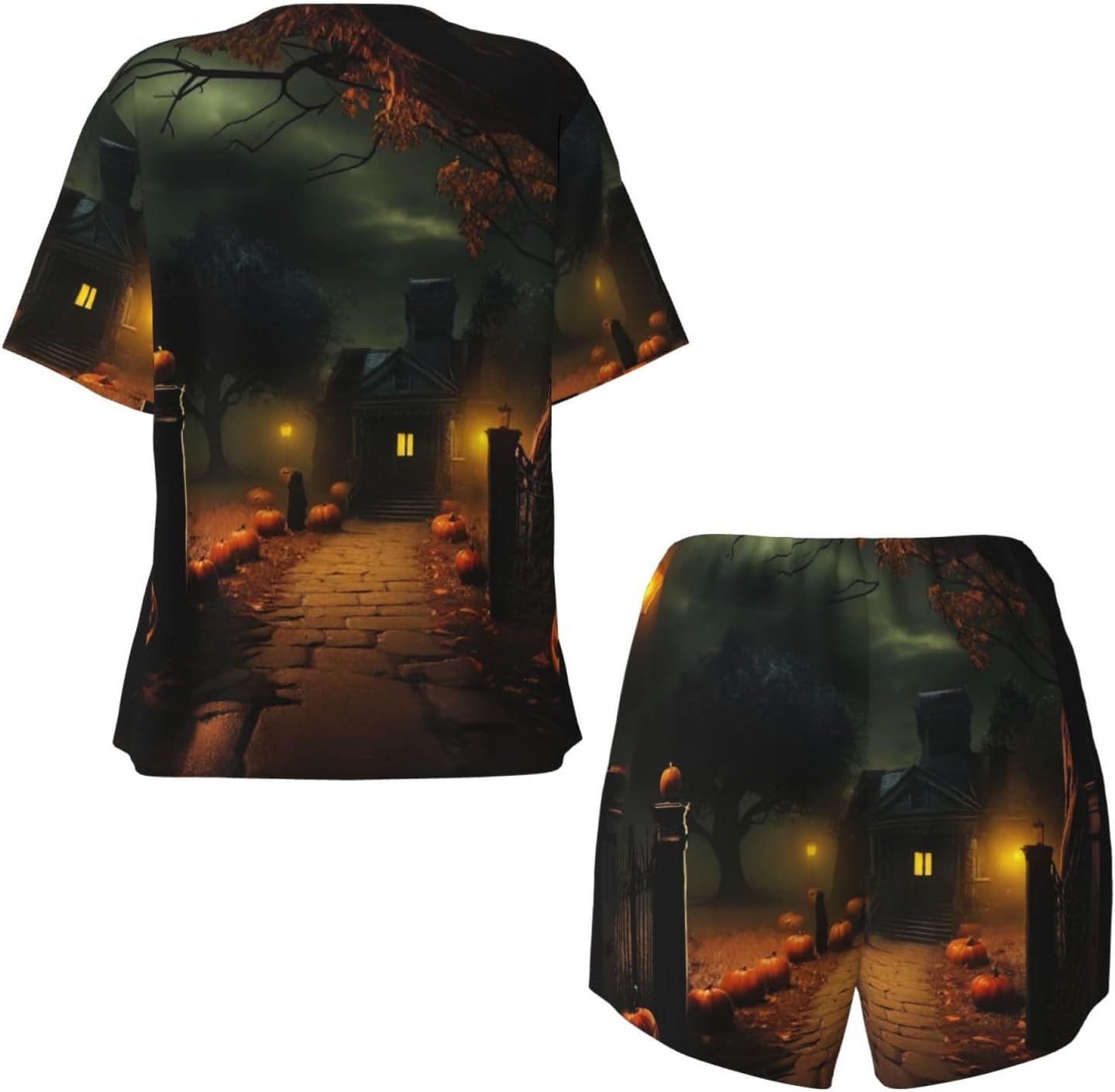 Scary Halloween Print Stylish Women'S Pajama Set Short Sleeve,For Home,Vacation Or Beachwear