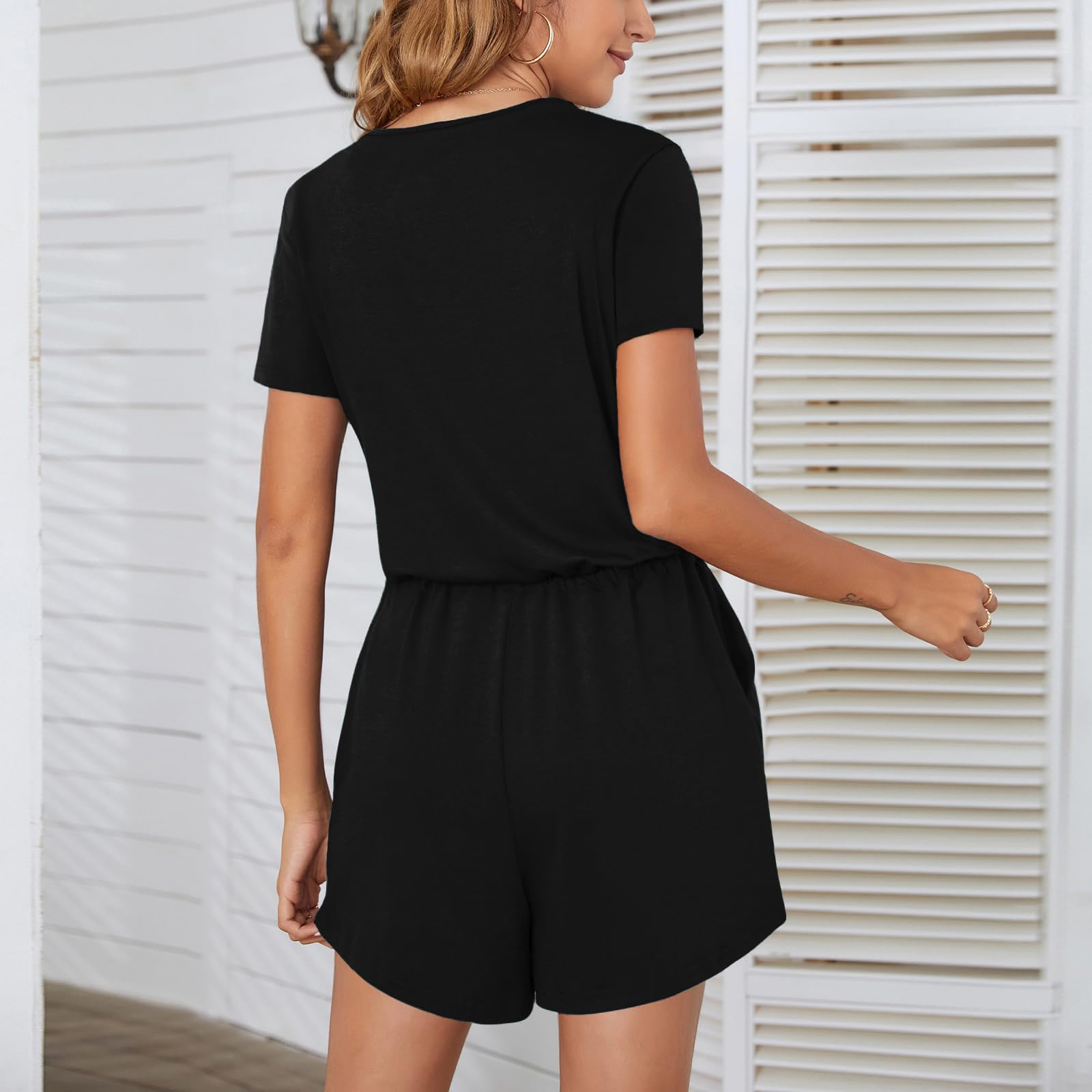Sommer Jumpsuit Damen Elegant Playsuit Casual Overall Kurzärmel Romper Verstellbarer elastischer Bund einfarbiger mit Taschen