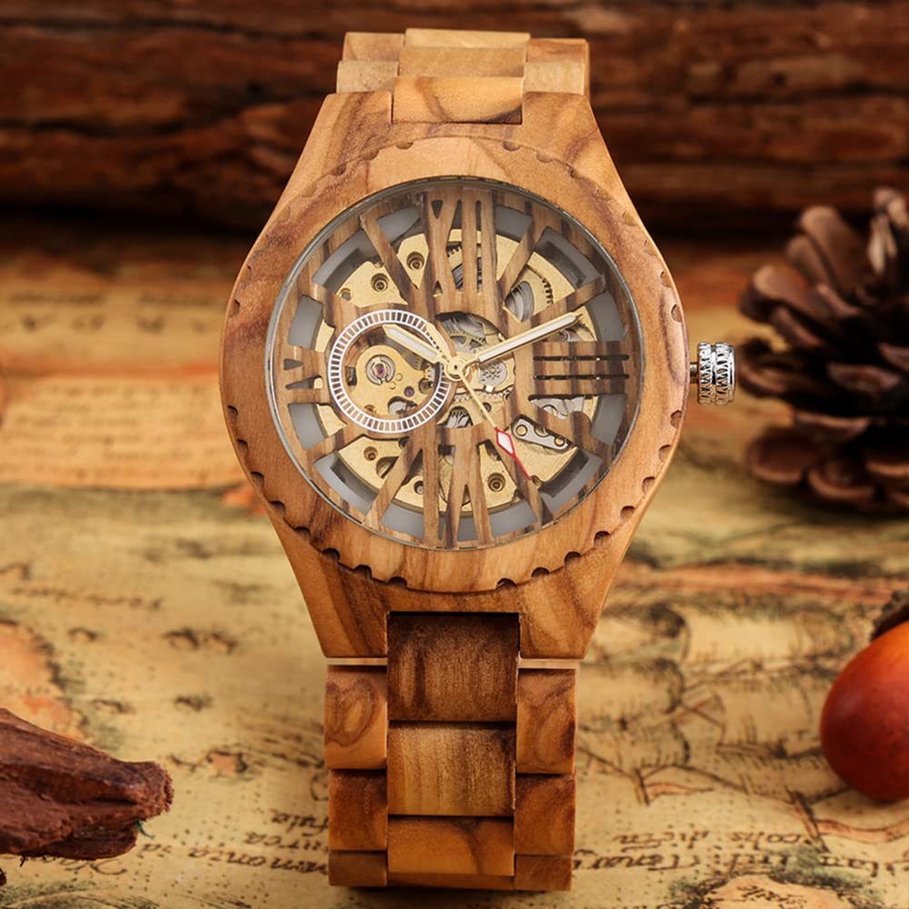 Relojes esqueléticos mecánicos de madera de los hombres de la moda, reloj de correa de madera sin batería para los hombres, relojes mecánicos de madera con esfera de números grandes romanos, M804.