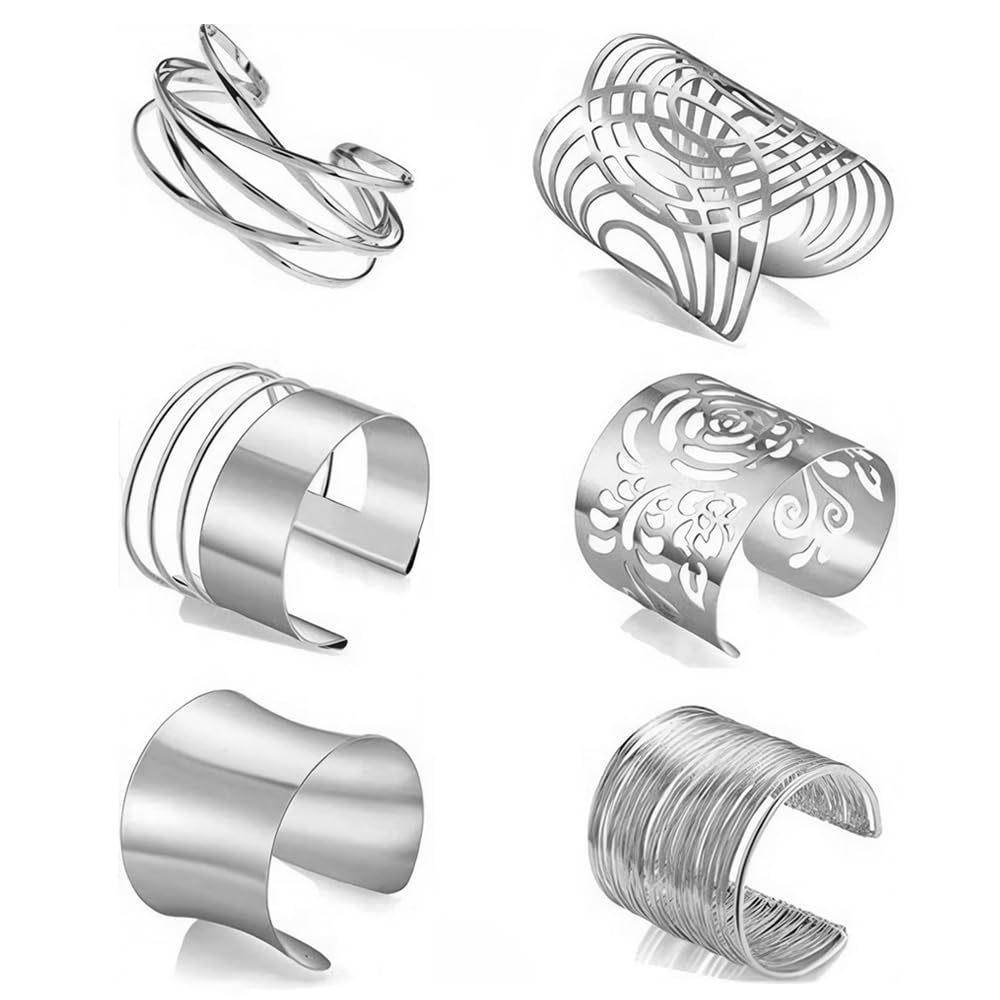 FDEETY Pulsera Mujer 6 Pcs Aleación Abierta Pulseras Accesorios el Brazo Joyería Ajustable Conjunto de Brazalete Remolino ideales para Fiestas Festivales y Estilos Punk（Plata）