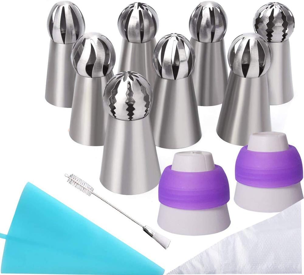 Messar 22 Pcs Russian Piping Tips Set, 8 Pcs Stainless Steel Russian Piping Ball Tips Icing Nozzles Set with 2 Couplers, 1 Silicone Bag,1 Cleaning Brush and 10 Disposable Pastry Bags (#1)