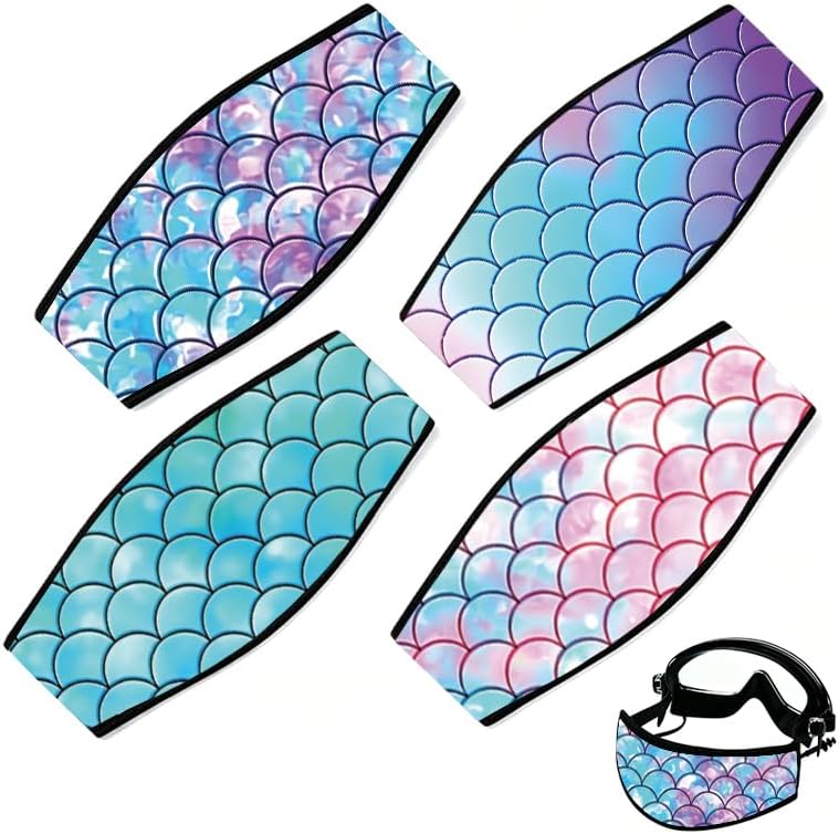 4PCS Fish Scales Scuba Mask Strap Cover Mermaid Scales Dive Mask Strap Neoprene Masks Slap Straps Waterproof Diving Headband for Men Women Snorkeling Diving Swimming Water Sports 7.9×3.9×2.4"