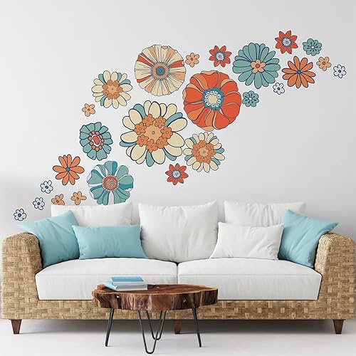 Fanwaoo Boho Retro Flower Decals Vintage Floral Wall Stickers Colorful Hippie Flower Art Decor for Living Room Bedroom Sofa TV
