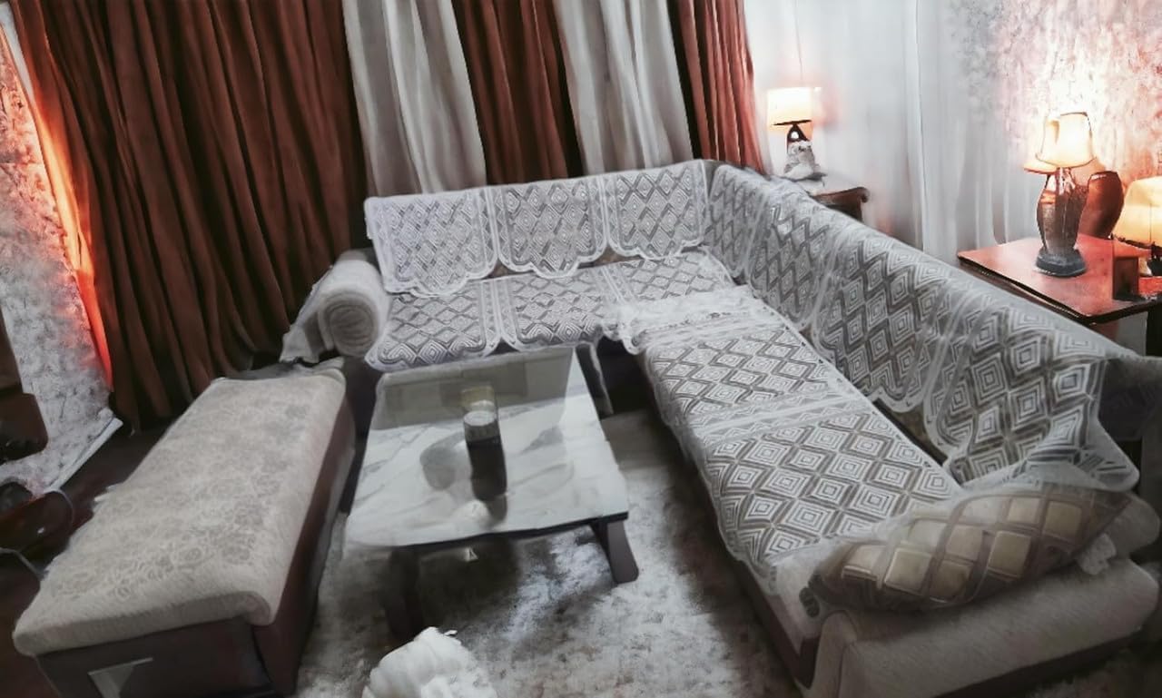 Fab Nation Cotton L Shape Sofa Covers for 7 Seater Sofa Set | Sofa Slipcovers for 4 + 3 Seaters Cover Set | White Diamond