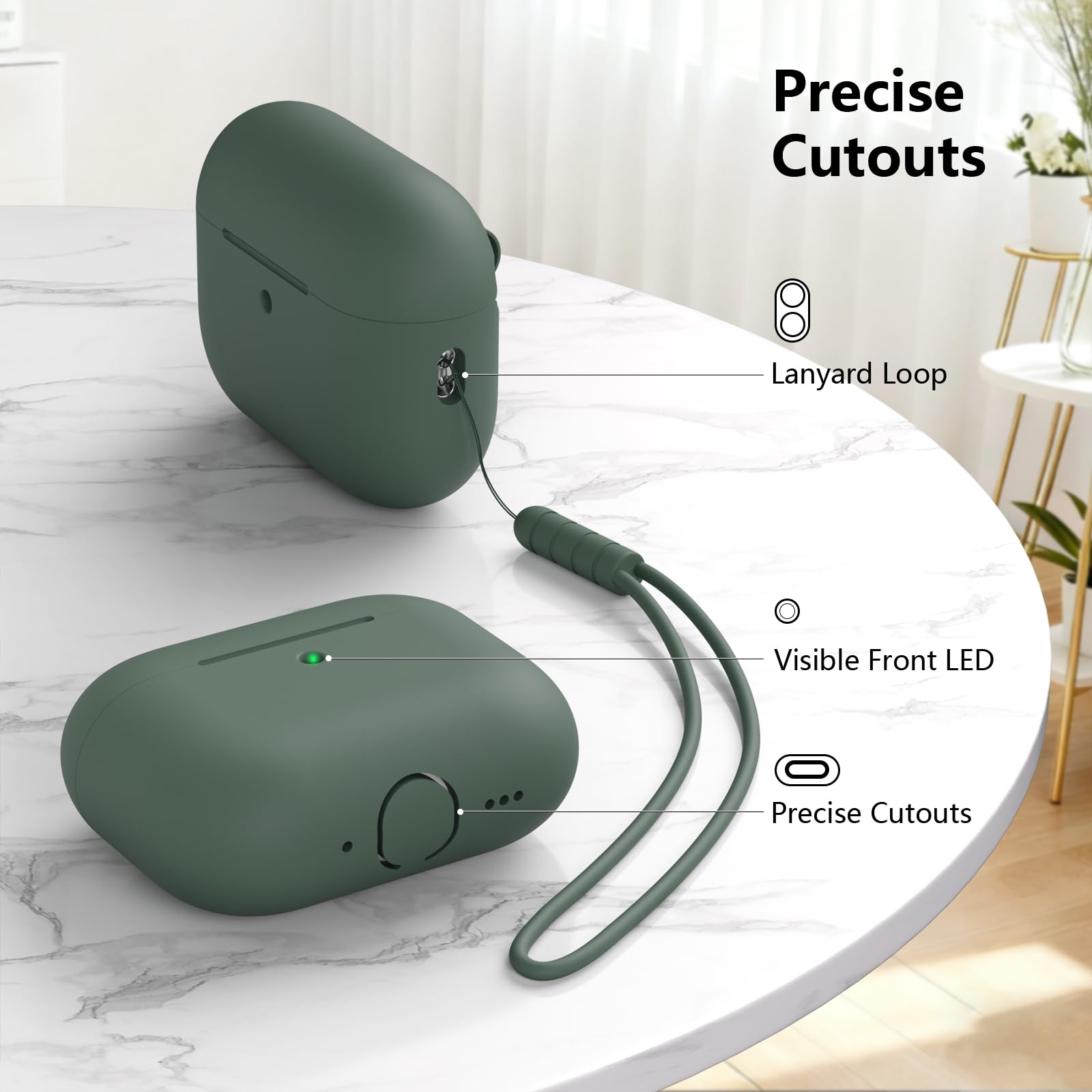 Custodia in Silicone Compatibile con Airpods Pro 3 Generazione Case, Case Cover Protezione Completa in Silicone Morbido per AirPods Pro 3 con Cordino, LED Anteriore Visibile, Deep Green - 4