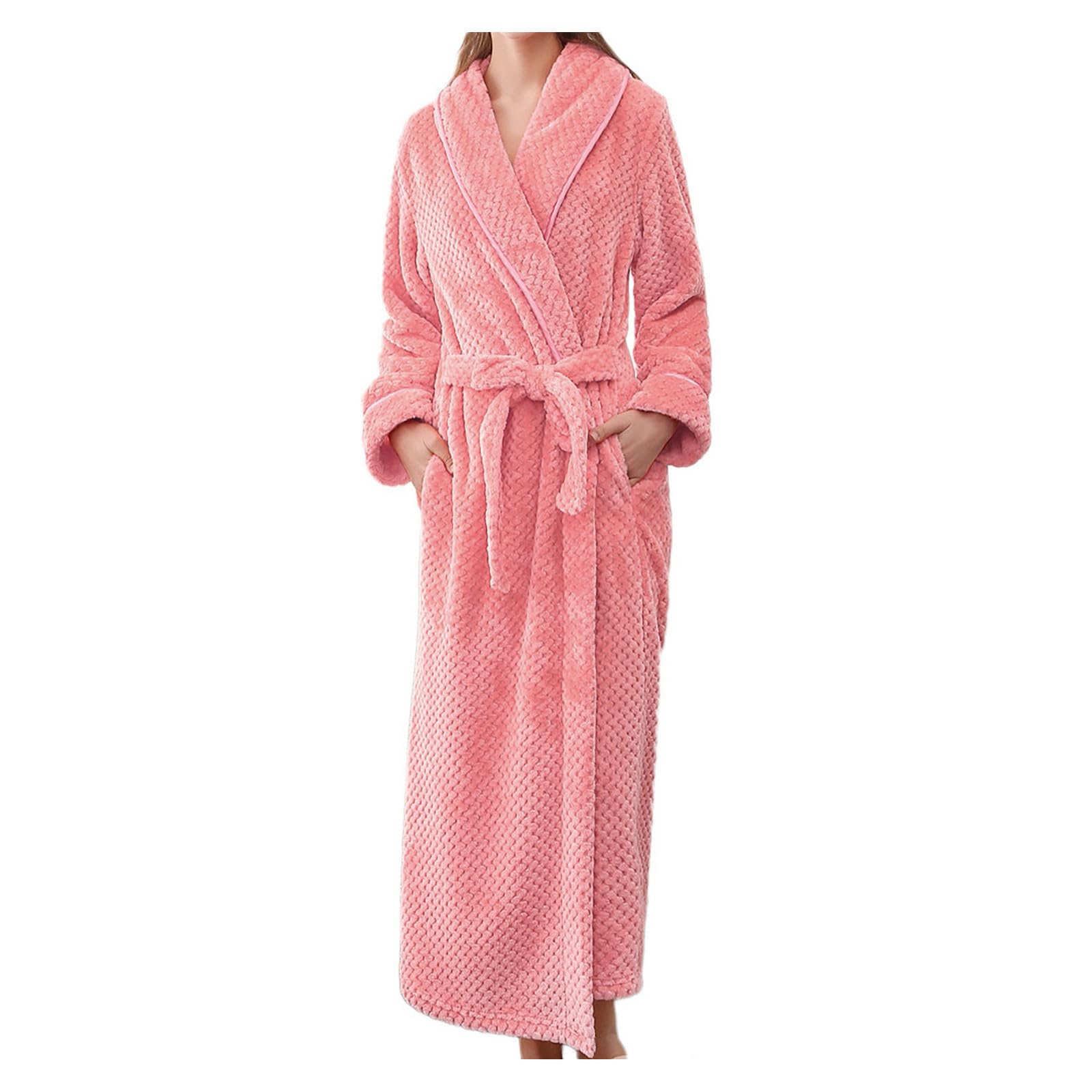 Albornoz largo sin capucha para mujer, traje de casa para mujer, cálido, bata con bolsillos, bata de casa, monocolor, albornoz para sauna, extra largo, cómodo, camisón suave, pijama con cinturón