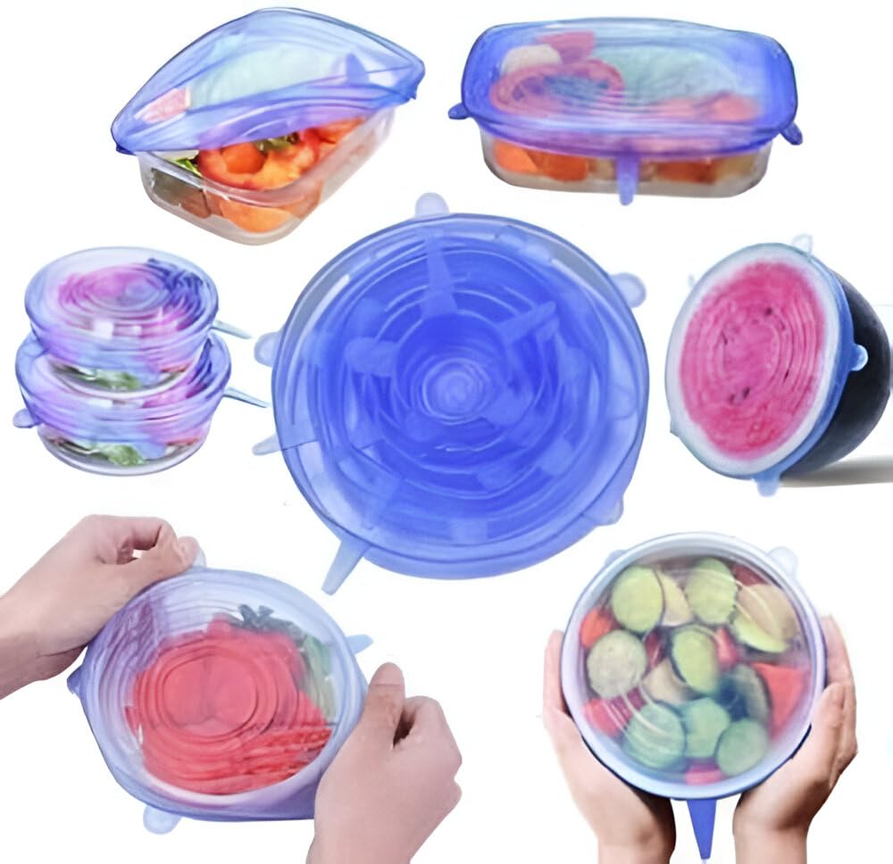 SHAPAT 6 SILICON STREACHABLE LID,Silicon Stretch lids for containers Stretchable Food Grade air Tight Sealer Cover for Bowls Cups pots cans Jars Glassware 2