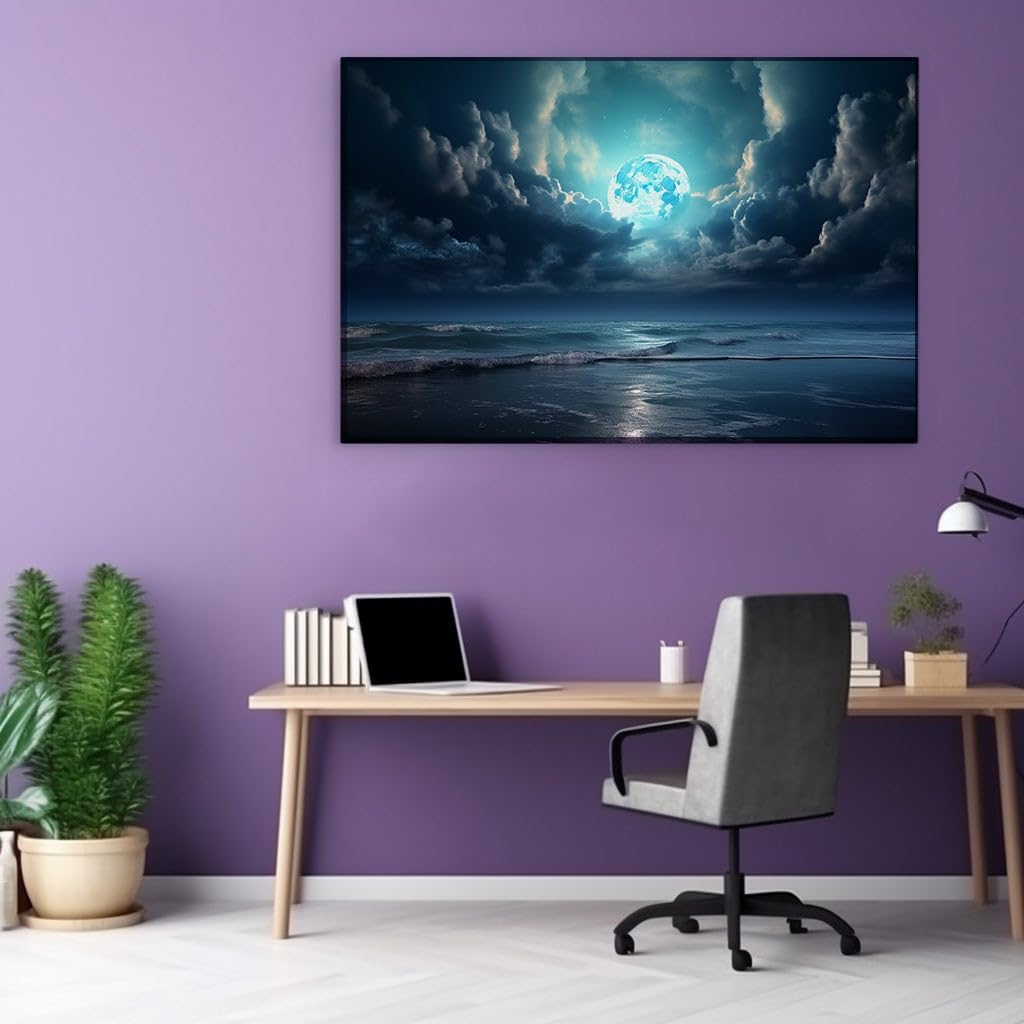 Canvas for Living room. Moonlit Majesty over the Mystic Sea � A Portrait of Nocturnal Serenity, 27 x 18 inch Canvas Wall Art - Contemporary Masterpieces - Modern Home Decor - 69x46 cm (27x18 inch)
