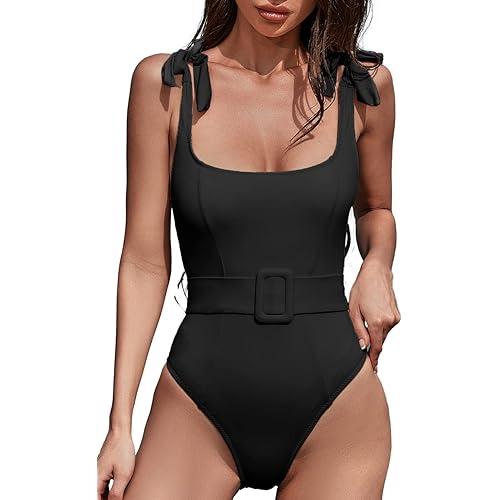 QINSEN Women's One Piece Swimsuit with Adjustable Tie Straps Elastic Belt Moderate Coverage Bathing Suit