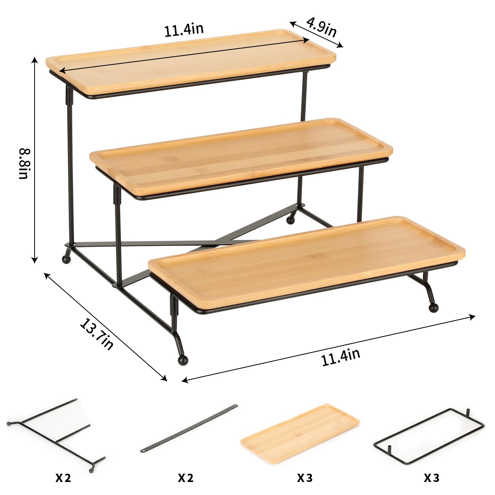 Cozary Plateau Repas 3 Étages, Plateau De Service Bois 28.9x12.5x1.2cm, Support Gateau, Support en Métal Noir, Plats Et Plateaux, Presentoir a Gateau, pour Buffet/Desserts/Fruits