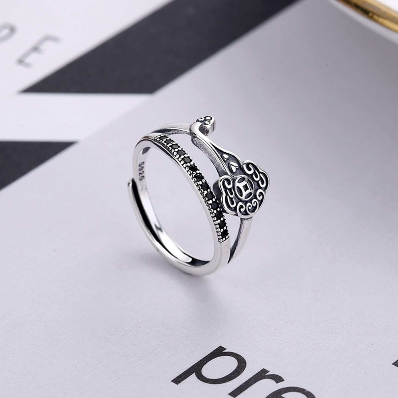 Anillos de Plata de Ley Maciza, Anillos Ajustables para Mujer, Cerradura de longevidad, alianzas de Boda de Estilo Chino Xiangyun