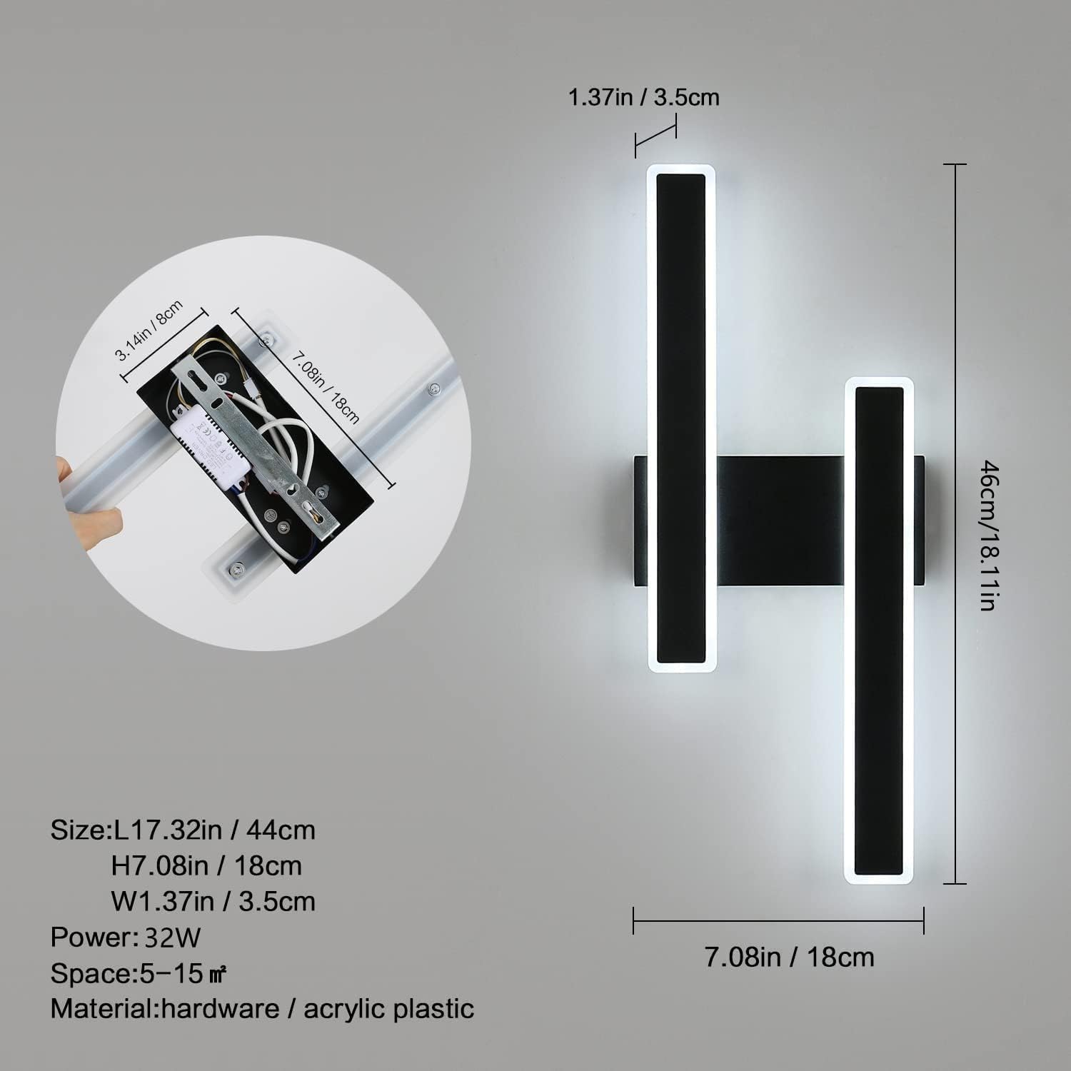 Comely Kinkiet Wewnętrzny LED, 32W 3600LM Czarna Nowoczesna Lampa Ścienna, 3 Temperatury Barwowe Oświetlenie Wewnętrzne Lampa Nocna Ledowa Lampa Ścienna Do Salonu Sypialni Biura Schodów