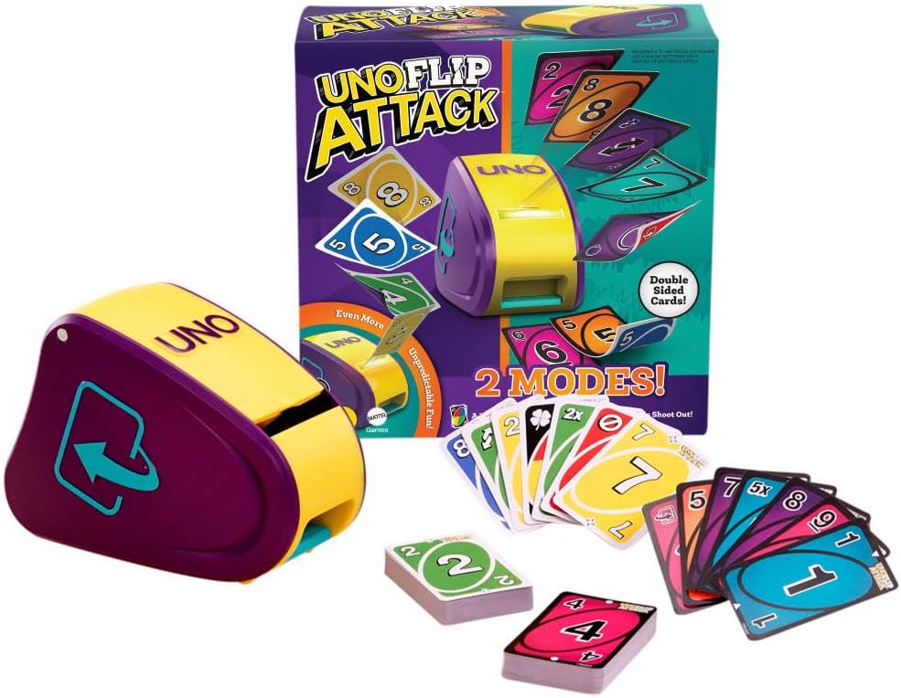 UNO Flip Attack Card Game with Launcher Unit & Double-Sided Deck for Kids, Families & Parties, 2-10 Players Ages 7+