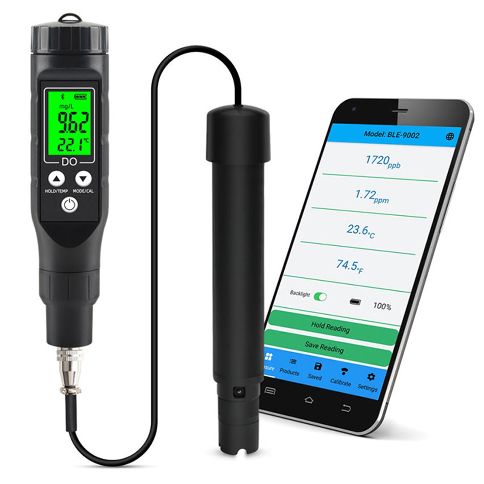 Détecteur d'oxygène Bluetooth pour l'eau Détecteur d'oxygène dissous pour l'eau Applicable aux bassins à poissons Aquarium Aquaculture BLE-9100 (comprend une poudre électrolytique)