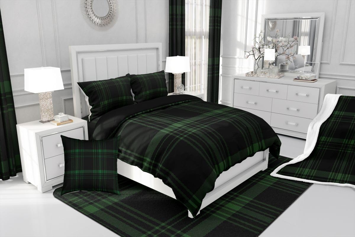 jejeloiu Classic Plaid Comforter Set All Season Green Checkerboard Bedding Set with 2 Pillow Cases Aesthetic Grid Microfiber Kids Queen Bedclothes Farmhouse Bedroom Decor Duvet Quilt Soft Lightweight