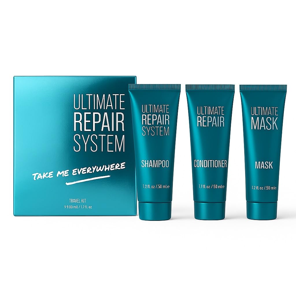 Hair Bar NYC Ultimate Repair System Famous Travel Kit – Travel Size Shampoo, Conditioner & Mask (1.7 oz / 50 ml Each) – Keratin-Infused Repair, Strength & Shine for All Hair Types – Salon Quality