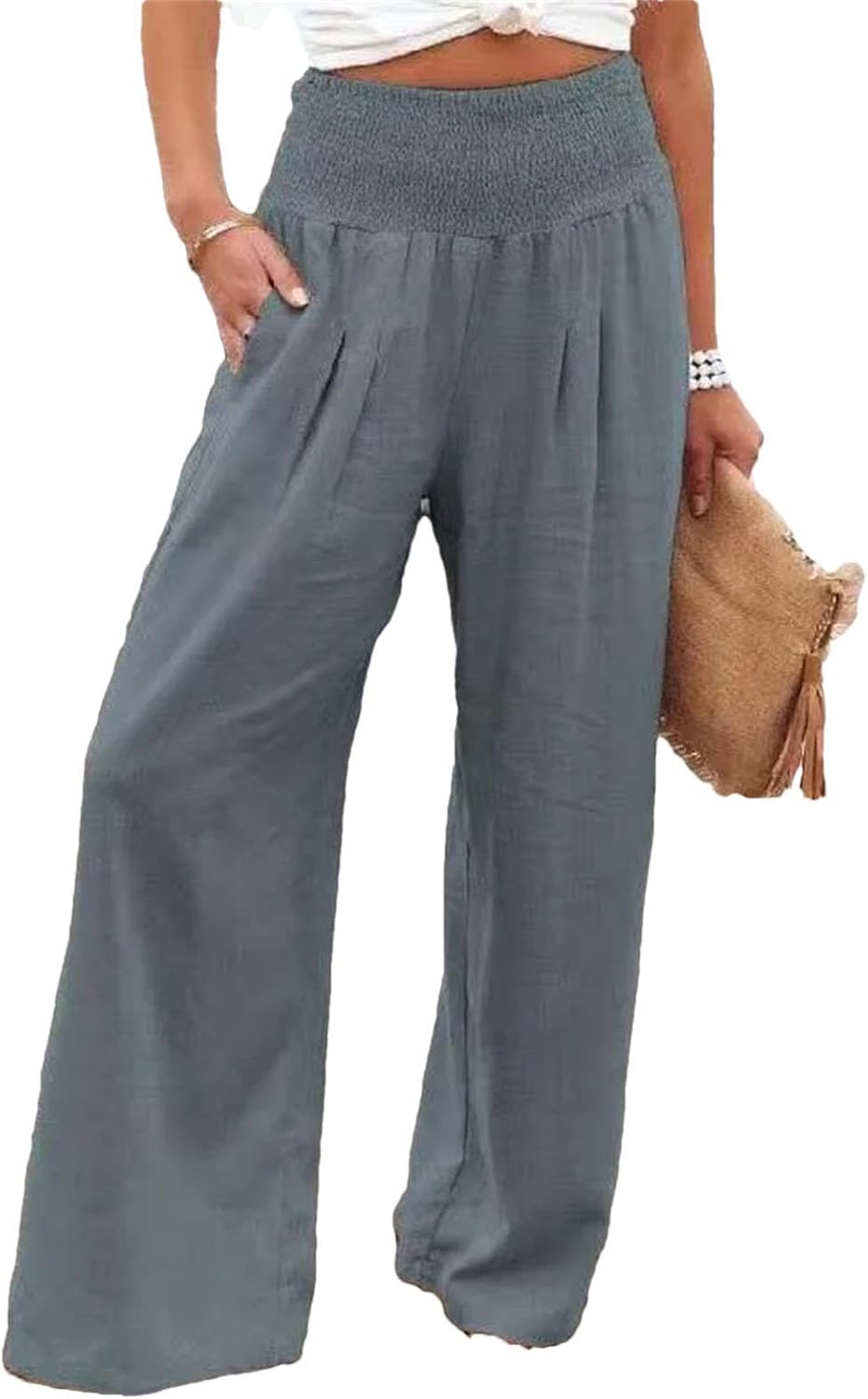 Women Spring Summer Simple Wide Leg Loose Elastic High Waist Linen Long Trouser