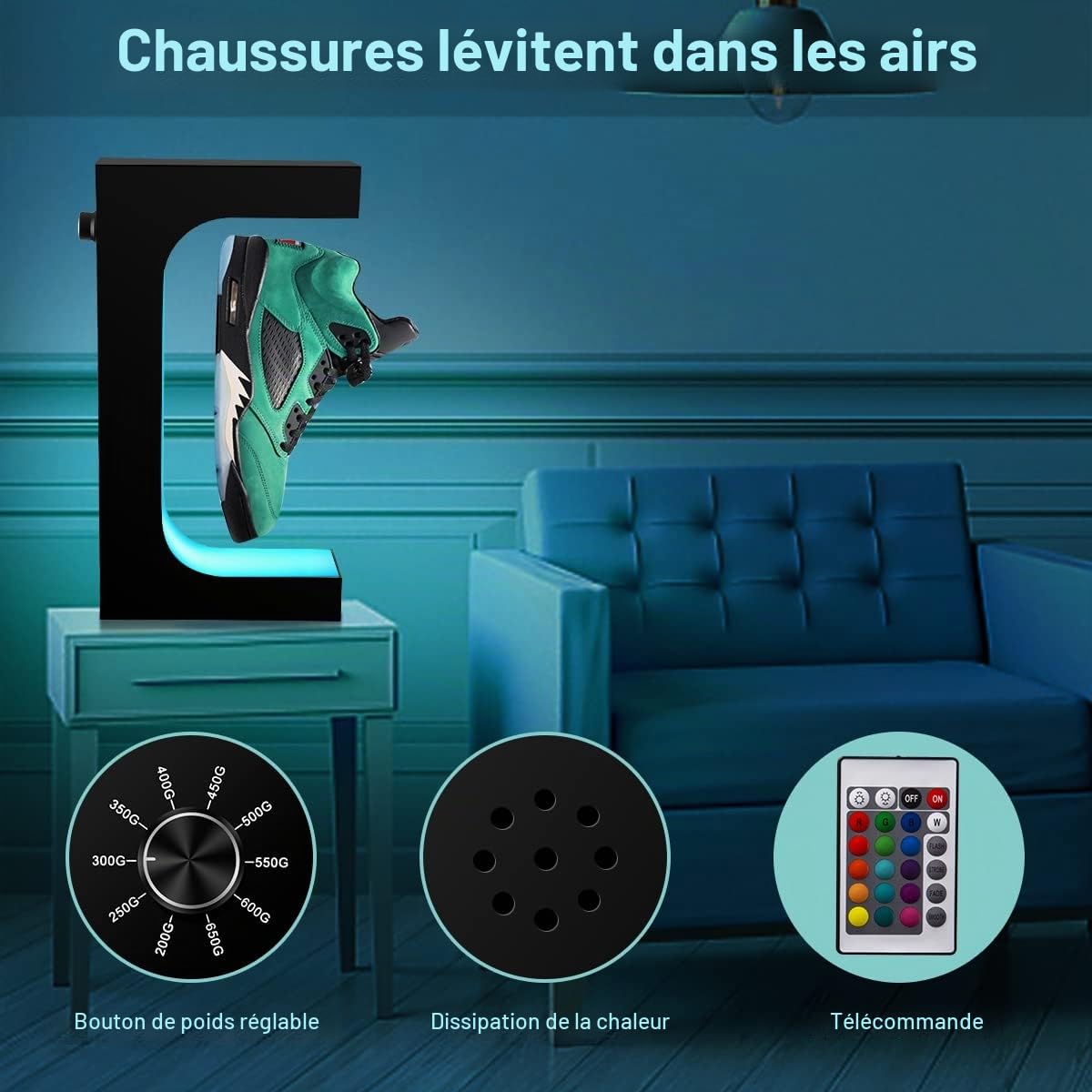 Présentoir de chaussures en lévitation, support flottant pour chaussures avec télécommande éclairage LED 16 couleurs, support magnétique rotatif pour chaussures en lévitation, décoration intérieure