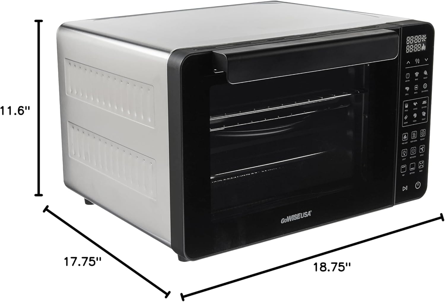 GoWISE USA 25-Quart Air Fryer Oven & Professional Dehydrator with 3 Heating Elements & Rotisserie, 12 Functions, Preheat & 5 Cooking Levels – Fits 12-Inch Pizza, 11 Accessories and Stainless Steel