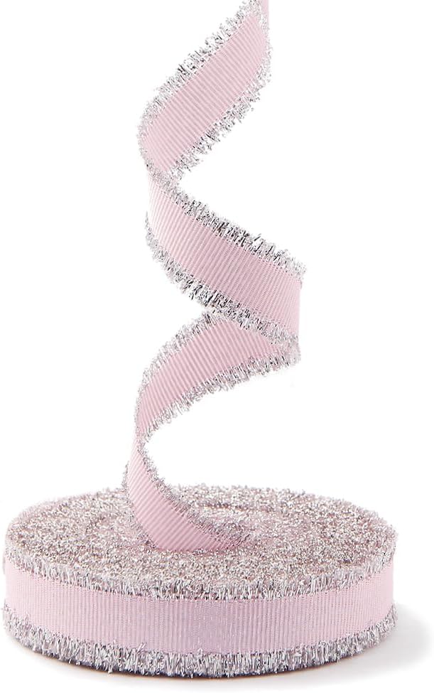 Pink Threaded with Mini Silver Wire Trim Tassels Edge Ribbon, 5/8 inch x 10 Yards for Christmas, Gift Wrapping, Wreath, Crafts, Bow Making and Party Decoration
