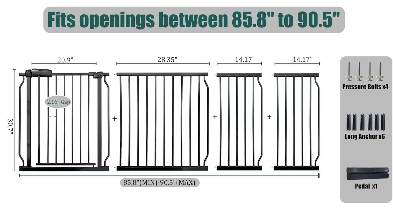 Extra Wide Baby Gate 85.8-90.5" Dog Gate Indoor Pressure Mounted No Drill Safety Gate for Large Entries, Kitchen,Stairs & Doorways, Black Metal Indoor Pet Gate for Kids & Dogs