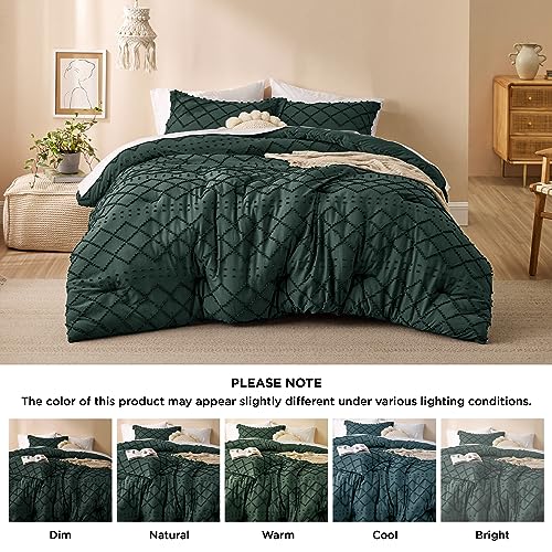 Image of Bedsure King Comforter Set - Forest Green Comforter, Boho Tufted Distressed Vintage Bedding for Kids, 3 Pieces Farmhouse-Style Bed Set for All Seasons, Fluffy Soft Bedding with 2 Pillow Shams