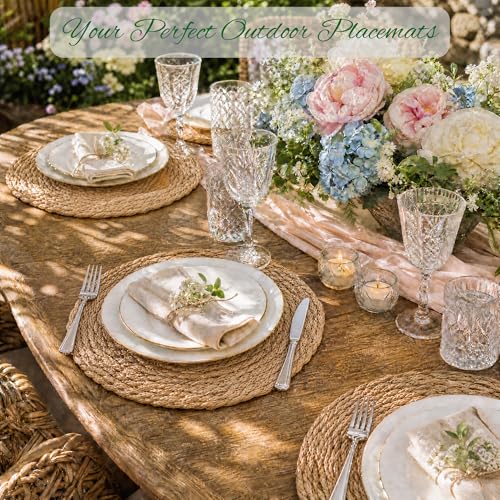 Image of 13.8'' Round Woven Placemats Set of 12, Boho Rattan Chargers for Dinner Plates, Rustic Wicker Place Mats, Straw Braided Table Placemats, for Dining Table Decor, Wedding, Farmhouse and Home Decor