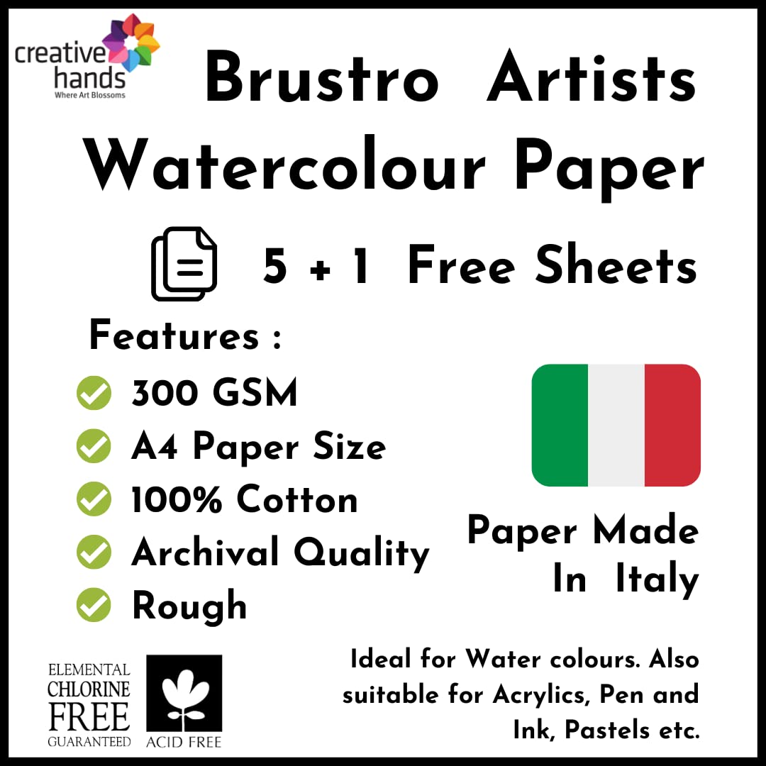 Brustro Aquarellpapier, 100 % Baumwolle, 300 g/m², A4, 5 Blatt + 1 Blatt gratis