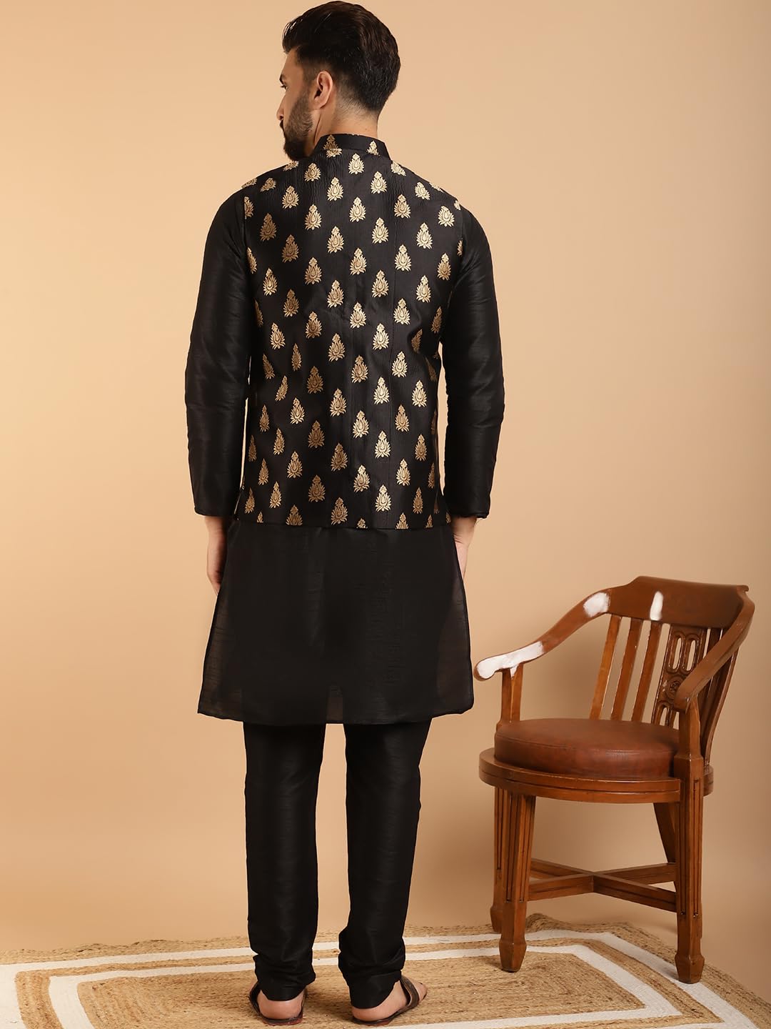 Sojanya (Since 1958 Men's Silk Blend Black Kurta Pyjama & Black Self Design Nehru Jacket Combo