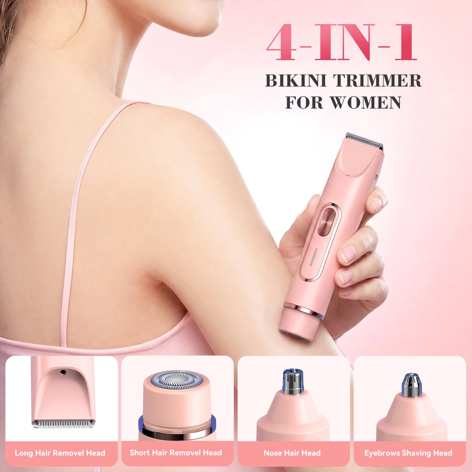 JTF Rasoio Elettrico Donna 4-in-1,Depilatore per Parti Intime, Bikini, Viso, Ascelle, Gambe e Braccia – IPX7 Impermeabile,Ricaricabile USB, Uso Bagnato e Asciutto (Rosa)