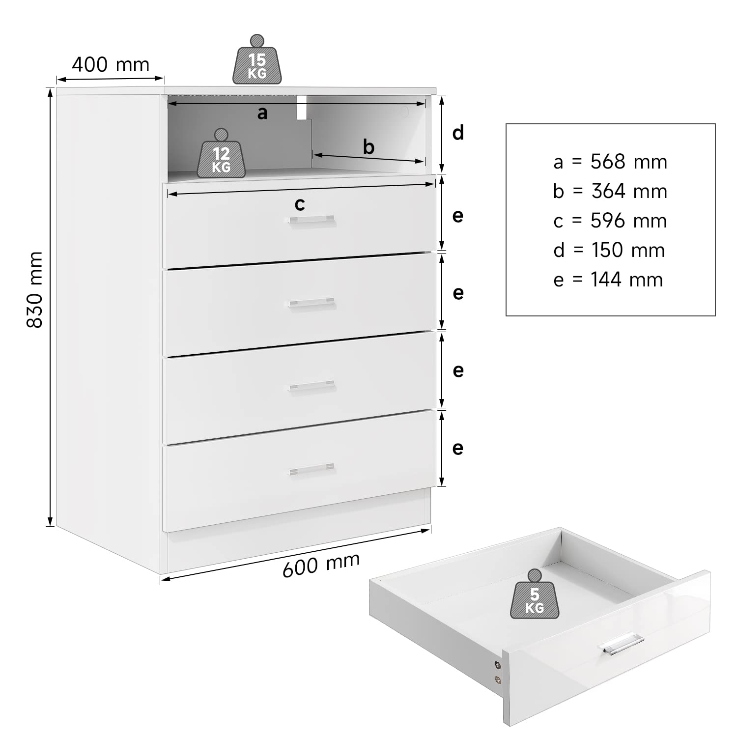 SONNI Kommode mit Vier Schubladen,Einer ferngesteuerten LED-Leuchte, die in 12 Farben einstellbar ist. Die Kommode hat eine weiße UV-High-Gloss-Oberfläche und misst 600mm(B) x 400mm(T) x 830mm(H).