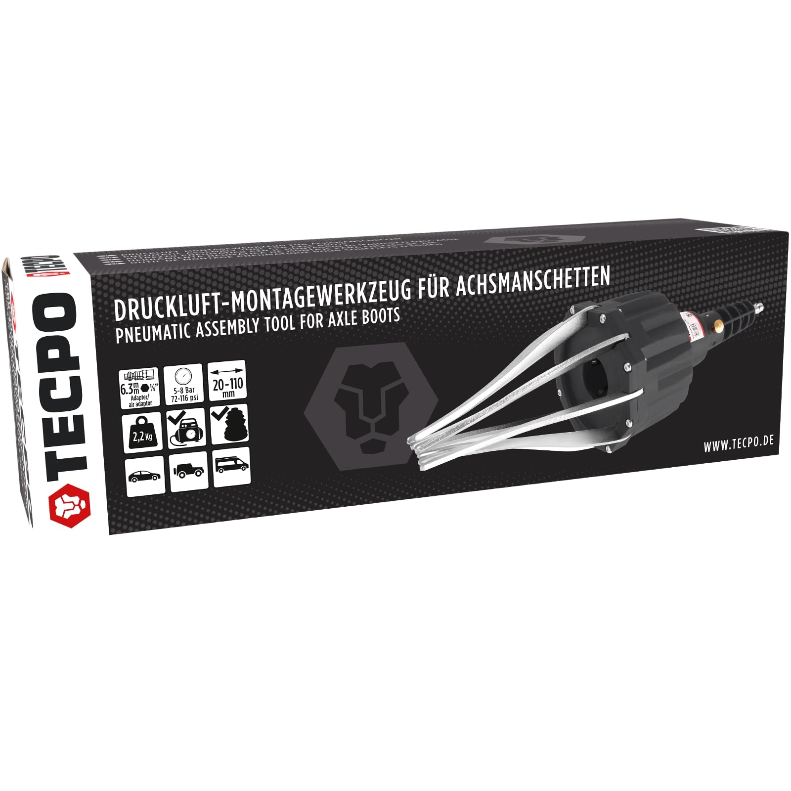 TECPO Druckluft-Montagewerkzeug, Montage-Set für Achsmanschetten, Spezialzange für Achsmanschetten & 8 Schellen, Spreizbereich 20-110 mm, Robustes & langlebiges Werkzeug, Achsmanschetten-Montage-Satz