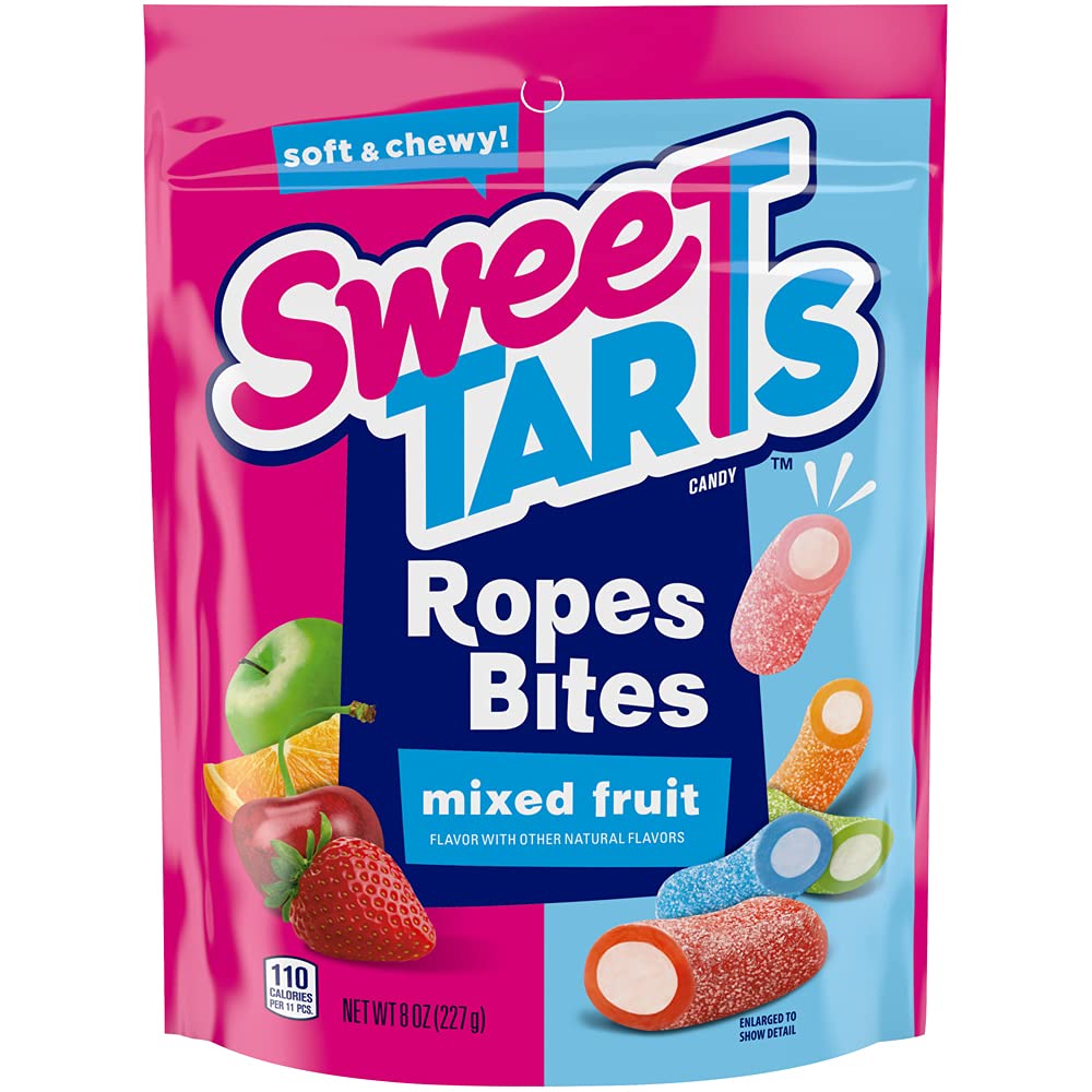 Product Review for SweeTARTS Rope Bites Candy, Mixed Fruit, 8 Ounce Resealable Bag, with the price of : $4.99,Based on the following description : SWEETARTS SOFT & CHEWY ROPES BITES: Contains 8-ounces of SweeTARTS Mixed Fruit Ropes bites,A TWIST ON THE CLASSIC: A classic flavor fusion – a chewy rope bite with a tart filling, providing mouthwatering candy leaving your tastebuds wanting more,SWEET AND TART: The candy that provides a sweet and tart collision in your mouth – an explosion of flavor that provides the best of both worlds,TRY THEM ALL: More SweeTARTS products means more to love! Try some of our other delicious, tangy candy including gummies fruity splitz, chewy fusions, and more,GREAT FOR SHARING: SweeTARTS provide a delicious assortment of sweet and tart flavors. Spread the joy and share this tangy sensation with friends, and and average Review : 4.3 out of 5, and the following summary of users reviews: Customers like the taste and texture of the sugar candy. They mention it's delicious, has several flavors, and isn't crazy sour. Some are also happy with its addictiveness. However, some customers have reported that the balls are hard and hard to chew. They are disappointed with the meltedness. Opinions are mixed on the value for money, freshness, and quality. AI-generated from the text of customer reviews