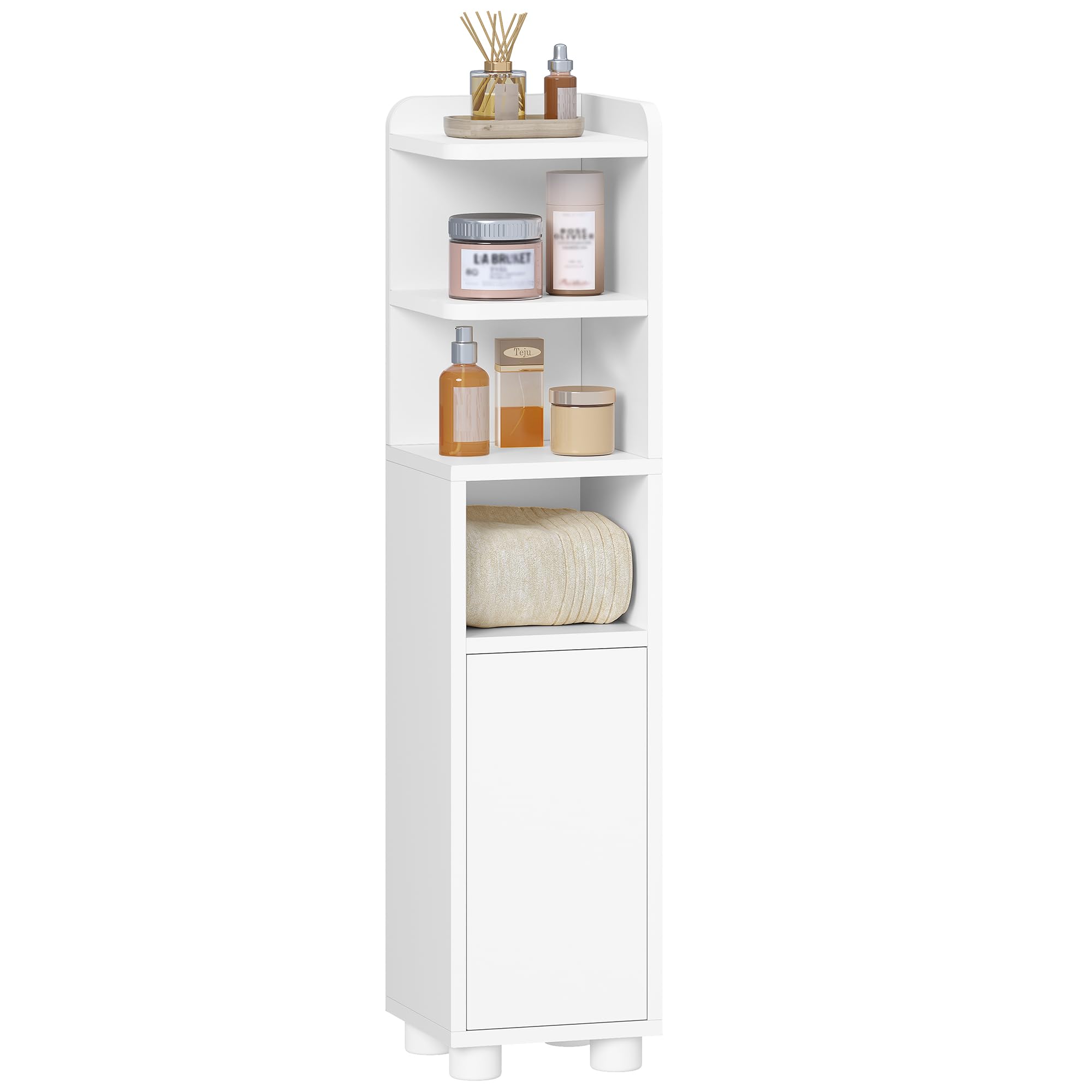 Fobyfurny Slim Bathroom Storage Cabinet, Narrow Bathroom Storage Unit, Open and Closed Dual-Zone Design, Adjustable Shelves, 20 x 20 x 90.5 cm, White FFBC011PW1