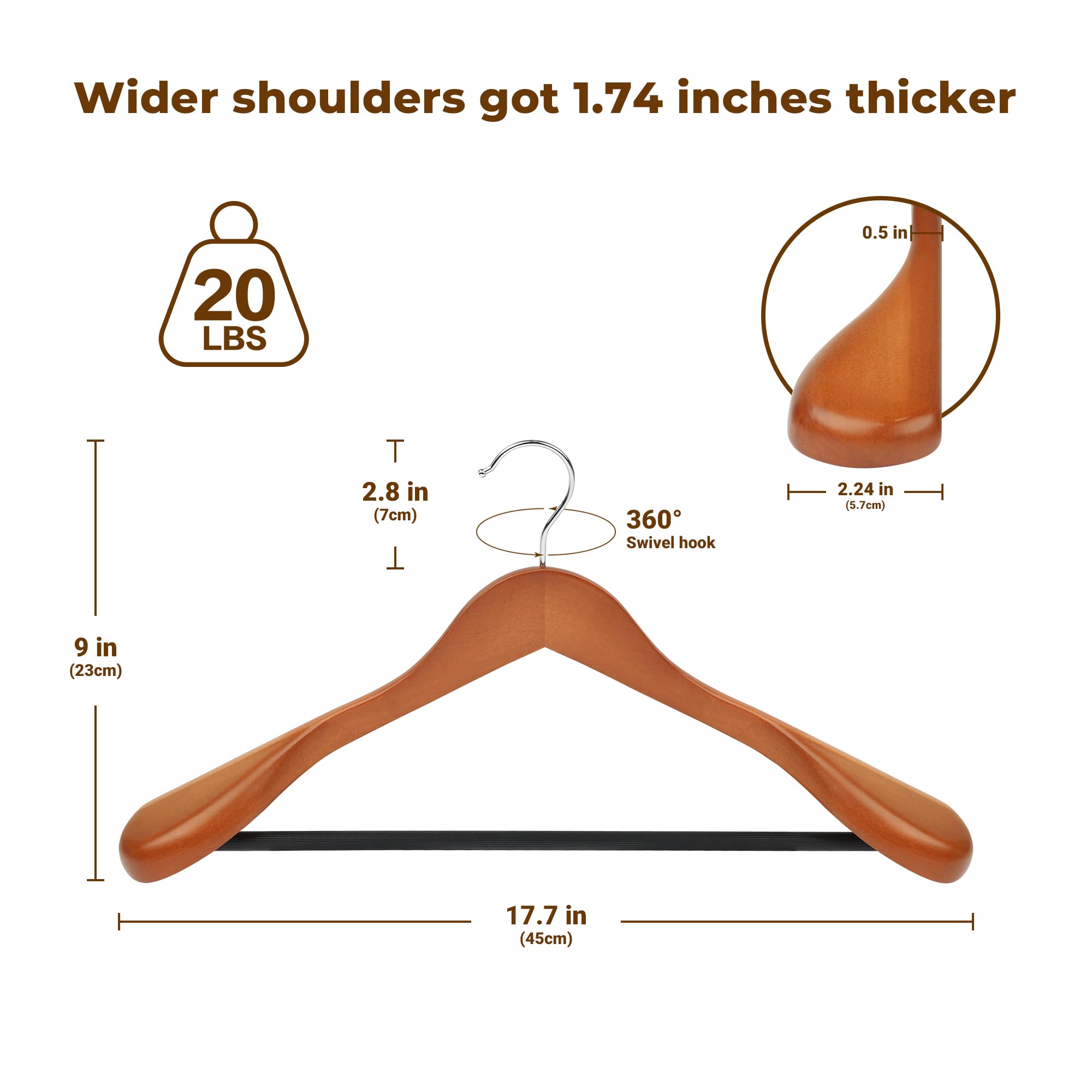 Kleiderbügel aus Holz, 8 Stück, Hosenbügel, extra breite Schulter-Holzbügel für schwere Mäntel, Pullover, Rock, Anzug, Hosen, Retro-Finish (Walnuss)