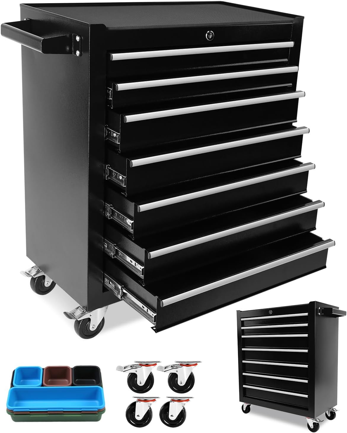 7-Drawer Rolling Tool Chest, Modular Tool Cabinet with Brake Casters & Removable Drawers, Workshop Toolbox Cart for Factory/Garage, Black