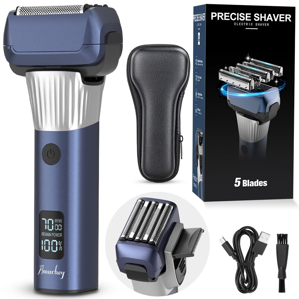 Amurhey Afeitadora Eléctrica Hombre con 5 elementos de afeitar Pro, Máquina de Afeitar Barba de 100 minutos de autonomía, en seco y en húmedo, Afeitadora Barba con Funda de viaje
