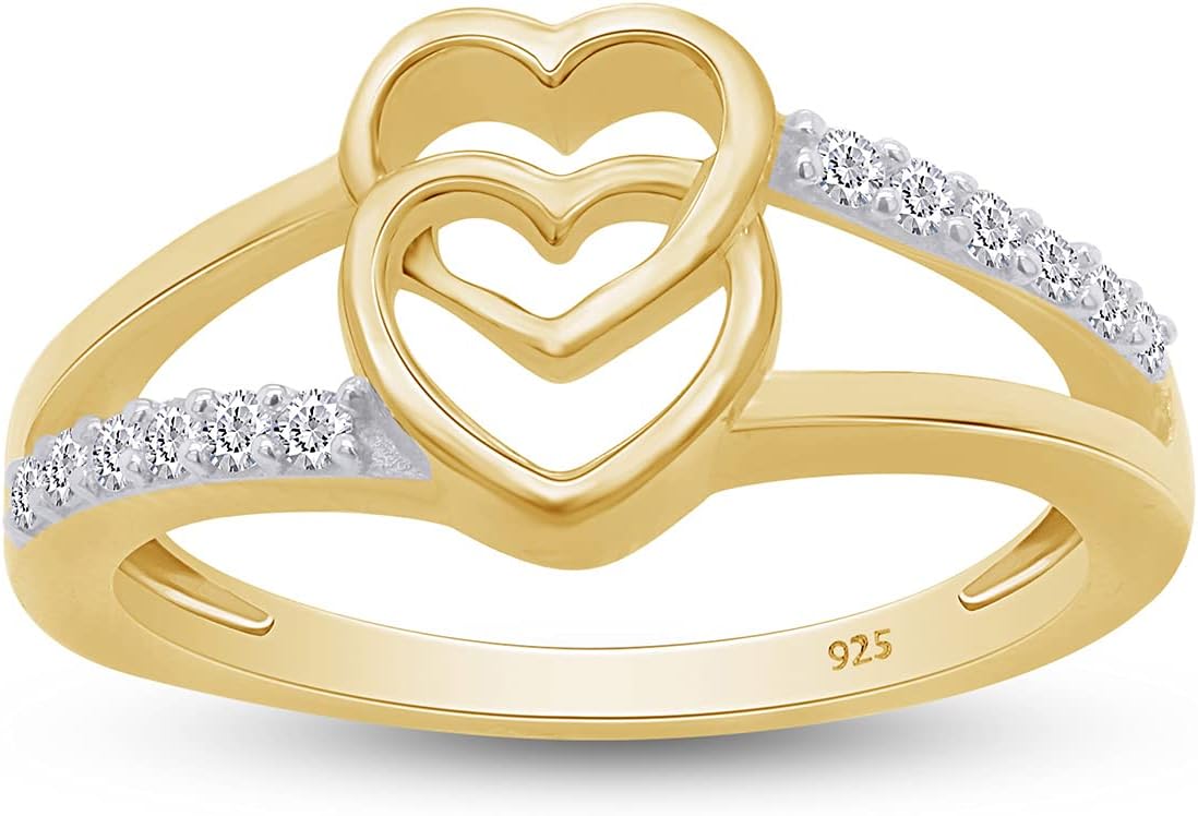AFFY Double Heart Promise Ring for Women in 14K Gold Over Sterling Silver, Round Cut White Cubic Zirconia Couples Jewelry Gift for Her, Dainty Love Ring