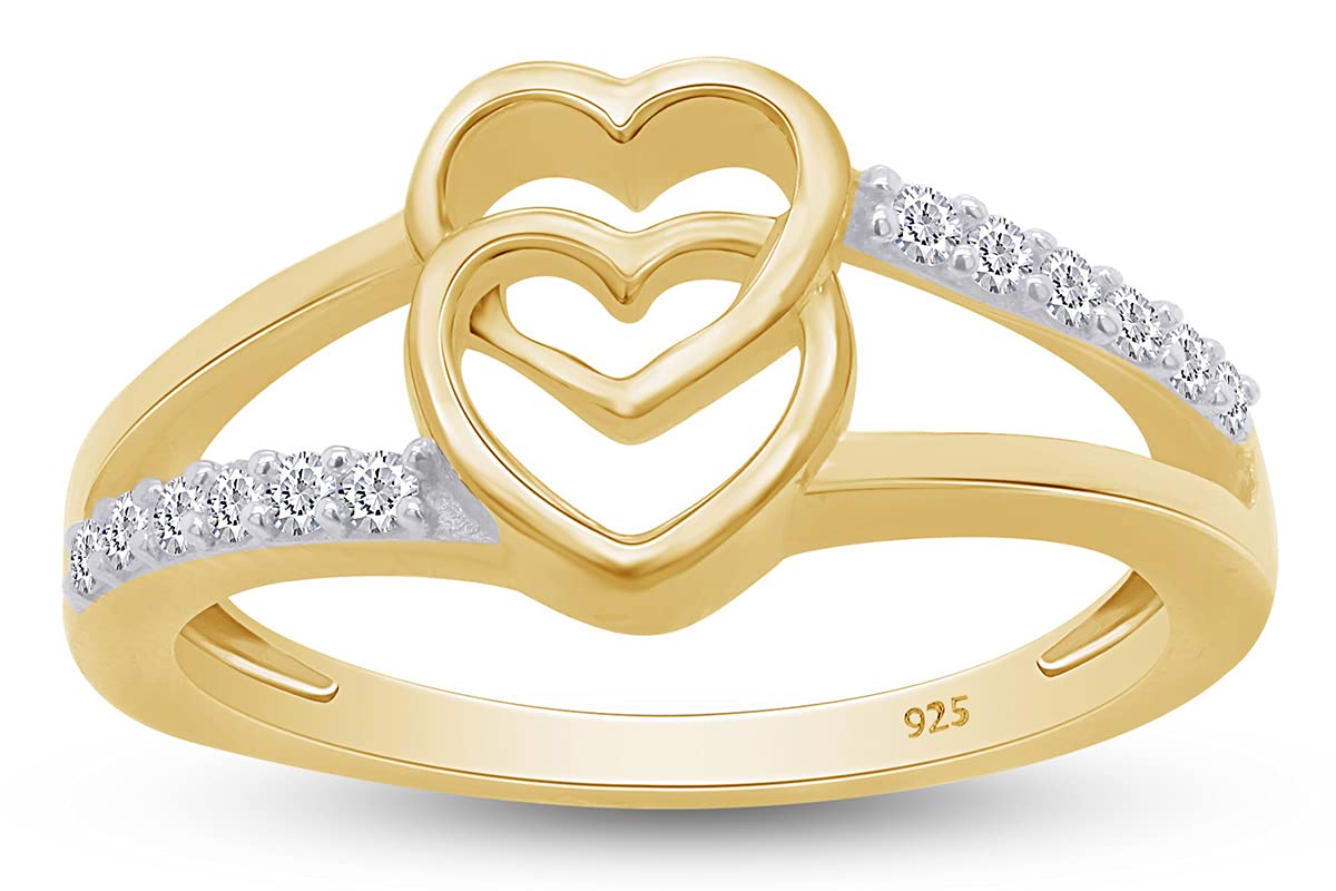 AFFY Double Heart Promise Ring for Women in 14K Gold Over Sterling Silver, Round Cut White Cubic Zirconia Couples Jewelry Gift for Her, Dainty Love
