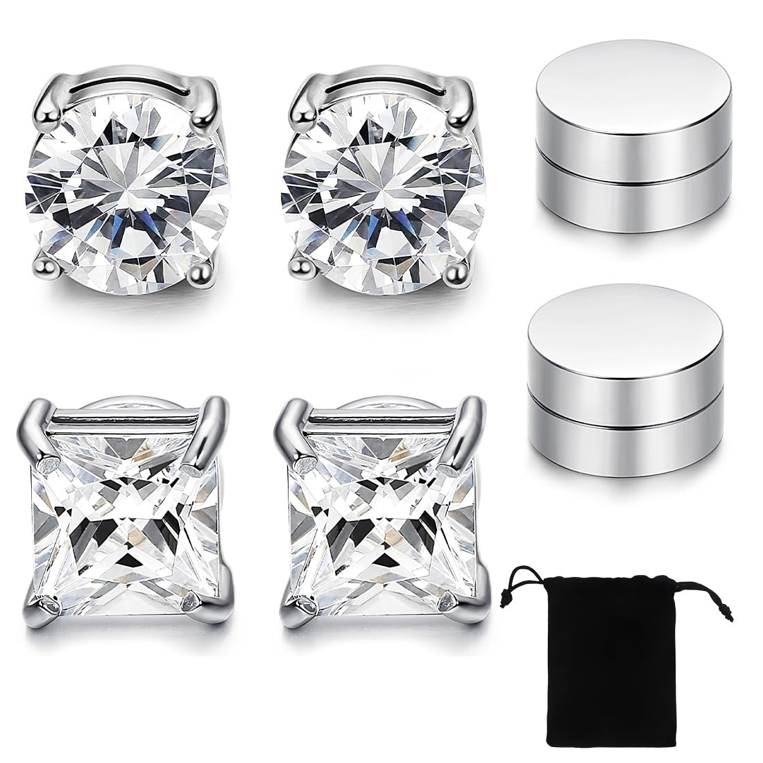 3 pary magnetycznych kolczyków ze stali nierdzewnej dla mężczyzn i kobiet unisex bez przekłuwania fałszywych magnesów zestaw kolczyków, 6/8 mm, srebrny, M, Stal nierdzewna