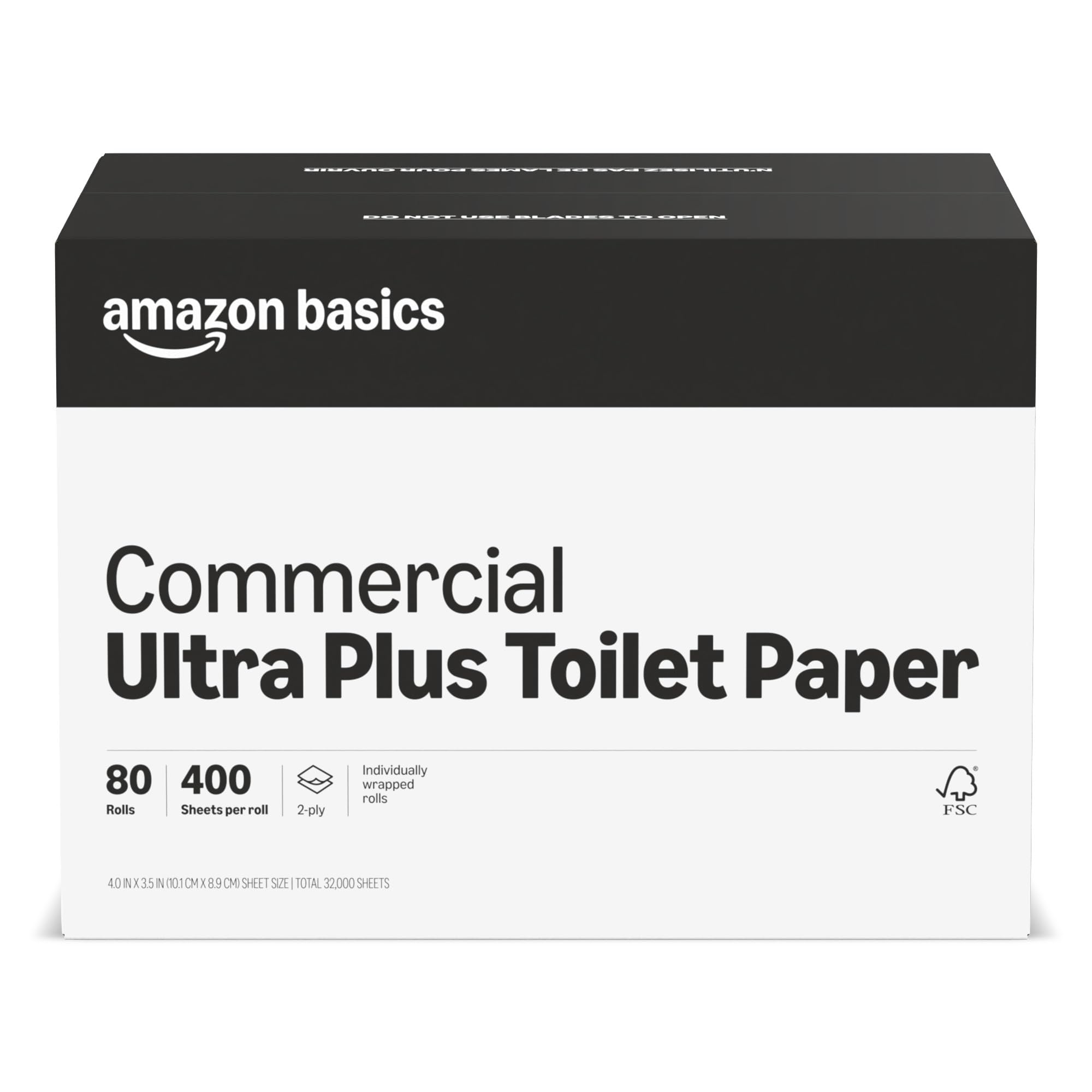 Amazon Basics 2-Ply Ultra Plus Toilet Paper, Bath Tissue, Soft and Strong, Septic Safe, Unscented, 400 Sheets per Roll, 80 Individually Wrapped Rolls for Business Use (Previouly AmazonCommercial)