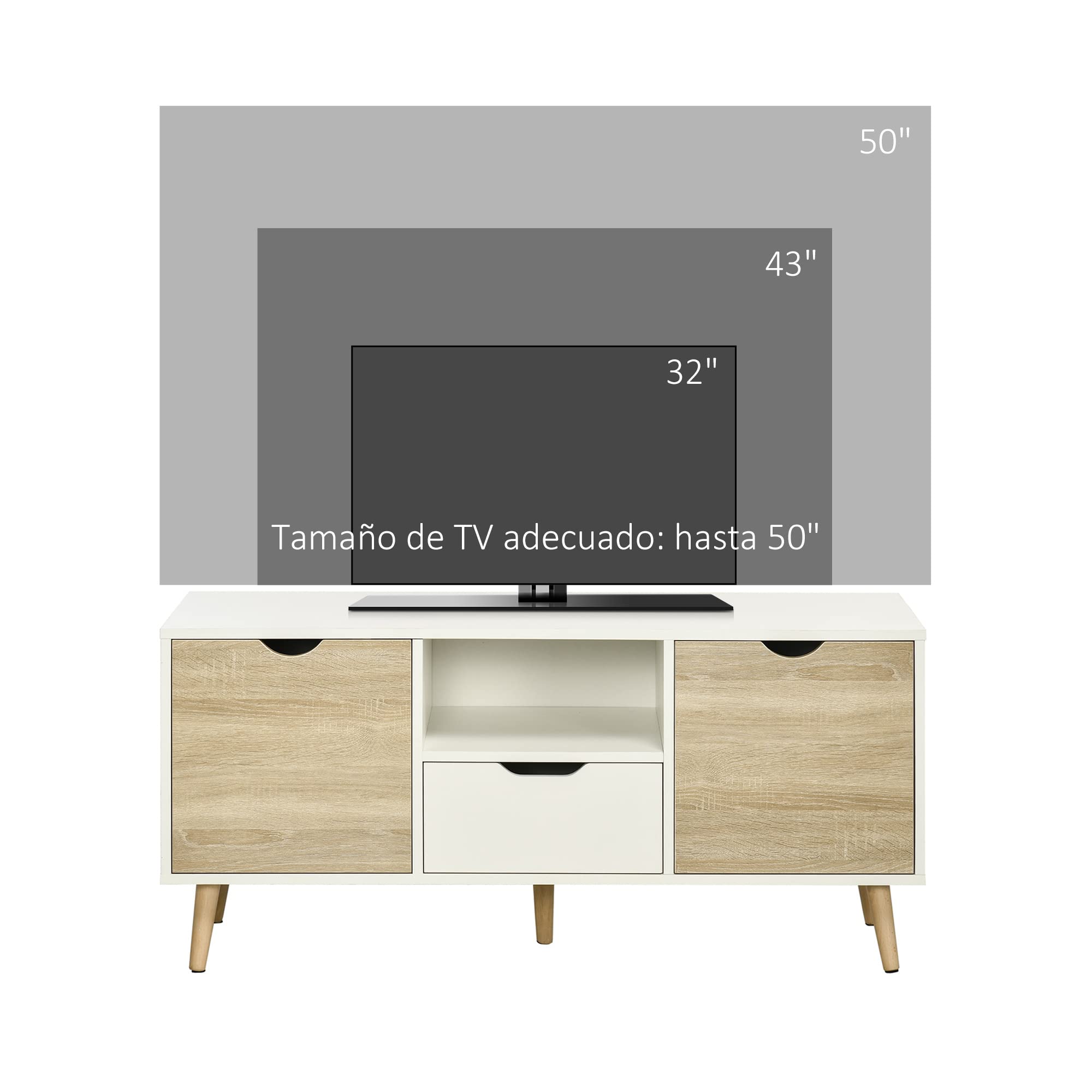 HOMCOM Mueble de TV, Mesa de TV con Cajón, 2 Puertas y Estante Abierto, Patas de Madera, para Televisores hasta 50 Pulgadas, Largo de 110 cm, para Salón, Dormitorio, Blanco y Madera Natural