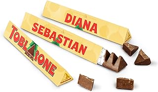 Made in Gift Pack de Tres Barras de Chocolate Suizo con Leche y Almendras de 100 gramos Toblerone Personalizadas con Nombre o Texto y Árbol de Navidad con Diseño en Colores (Amarillo)