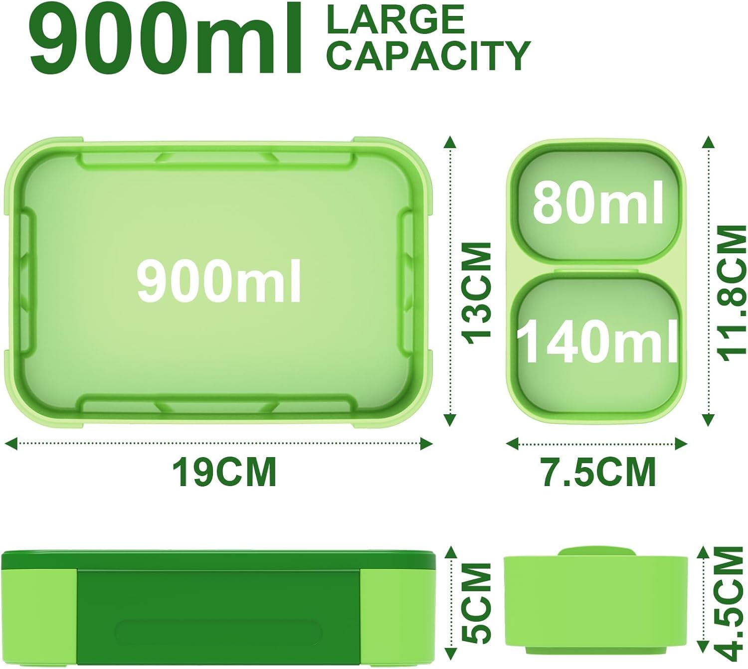 Generic Children's Lunch Box with Compartments, 900 ml Leak-Proof Bento Box, Green