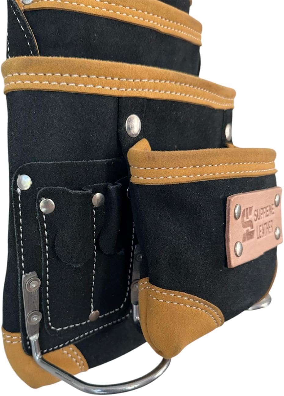 Supreme Leather 10-Pocket Suede Tool Pouch – Heavy-Duty Reinforced Corners, Fits 3” Belts, Multi-Purpose Leather Tool Bag for Construction, Crafting, DIY & Gardening