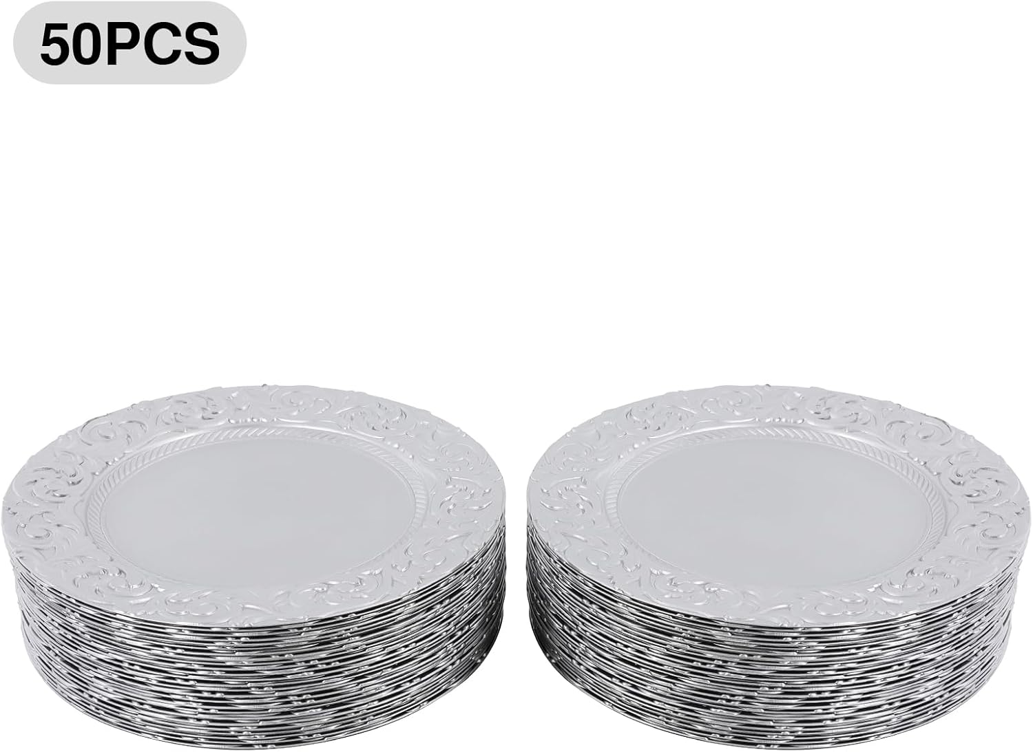 50 Pcs Antique Charger Plates Bulk, 13 Inch Plastic Embossed Round Dinner Chargers, Reusable Serving Plastic Embossed Dinner Chargers for Wedding, Party, Table Decoration (Silver)