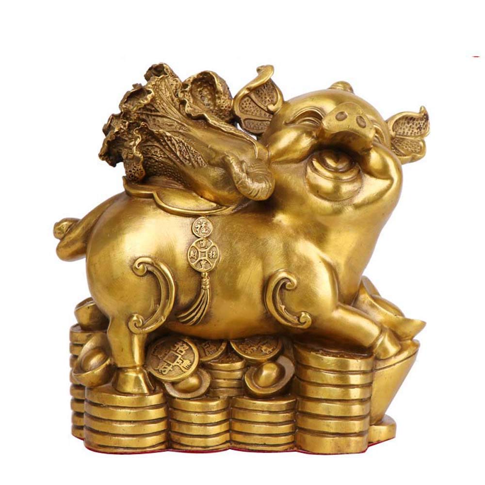 SnamicE ornaments pure brass chinese cabbage zodiac pig statues,chinese decor figurine for home and office,wealth and good luck sculpture,