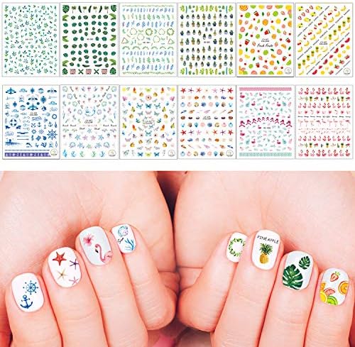 Whaline 1000+ Mixed Nail Art Stickers 3D Self-Adhesive Leaves Stickers Flamingo Cactus Fruits Ocean Leaves Decals for Women Girls Manicure DIY or Nail Salon, 12 Sheets